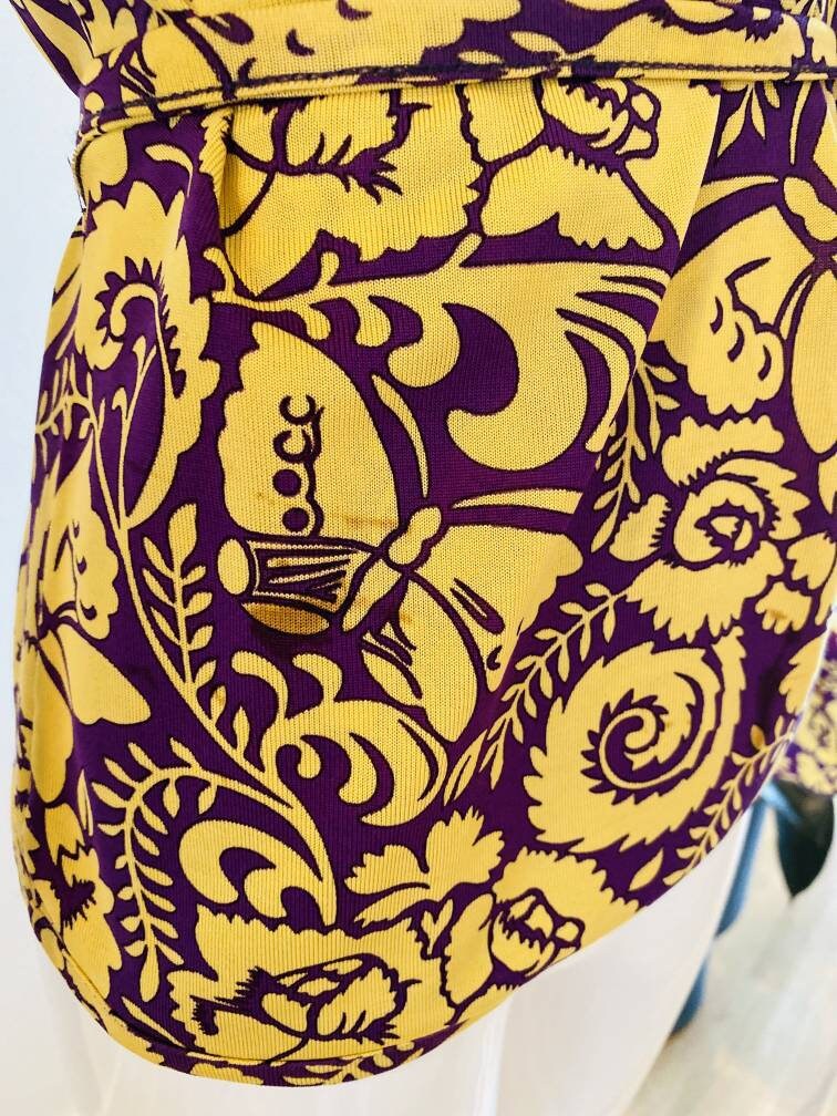 Vintage Herion1886 Yellow and Purple Silk Wrap Paisley Butterfly Print Ruffled Blouse Rare Italian Couture / Large