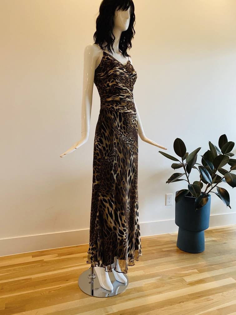 Sexy Animal Print Silk Maxi Spaghetti AStraps with Ruched Bodice Matching Shawl / Animal Print Silk Formal Dress