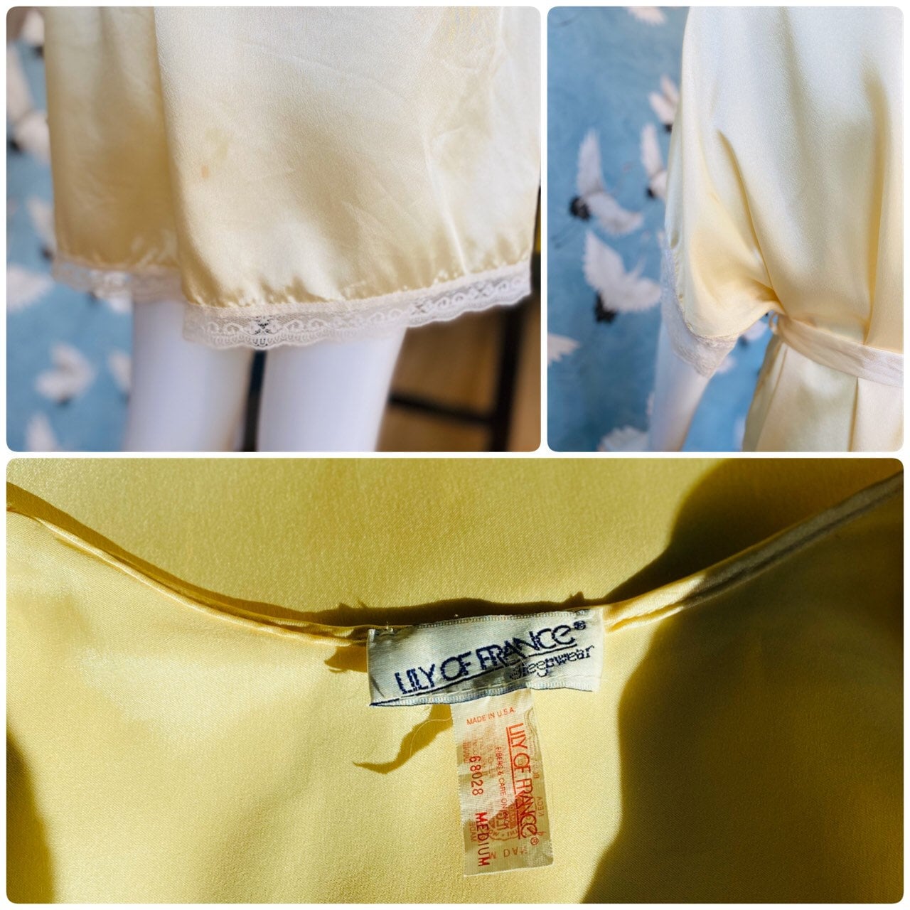 Lily of France Sleepwear Satin Short Sexy Robe / Vintage Short Lace Trim Wedding Robe / Satin Cream Short Robe