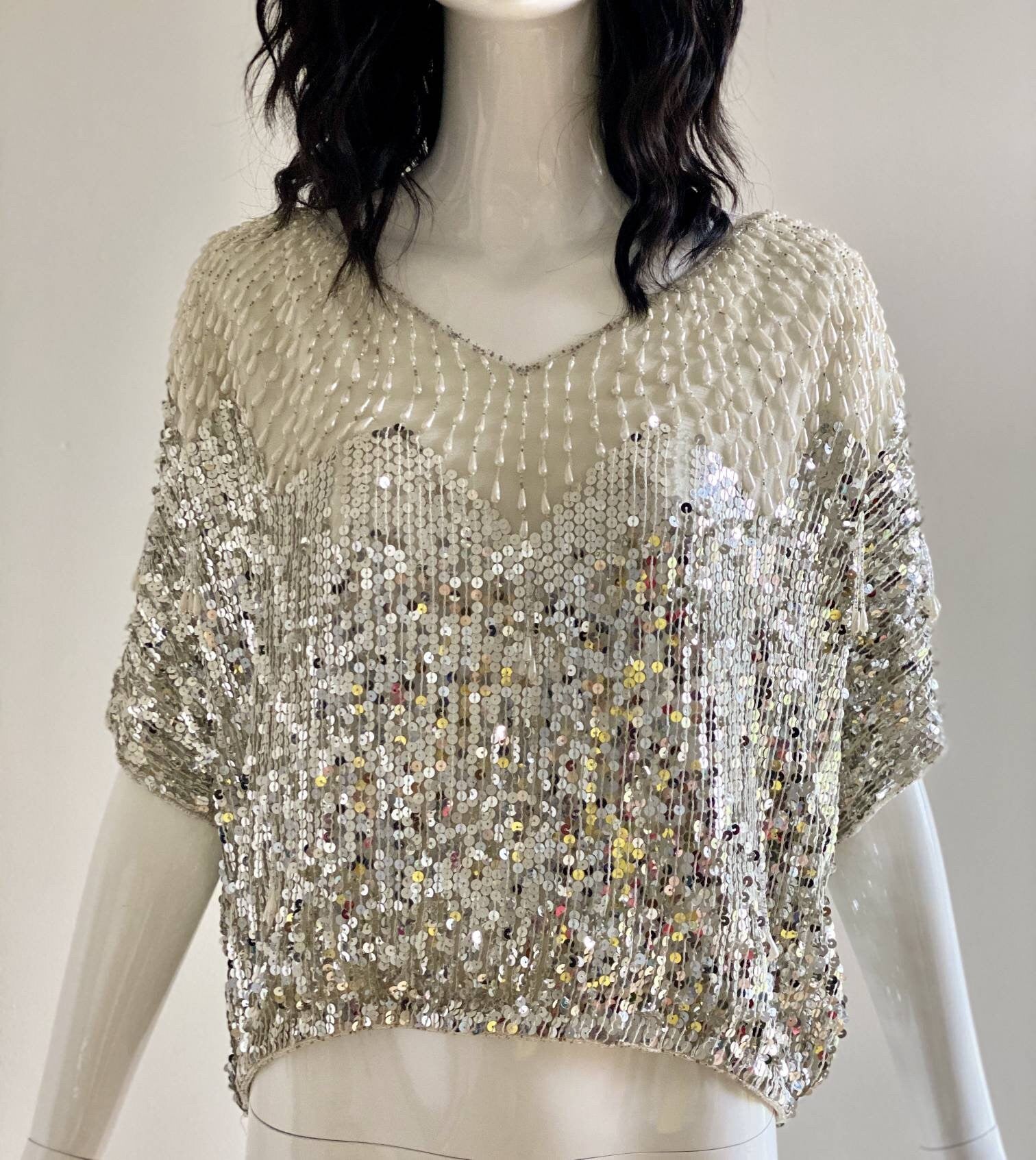 80s Neiman Marcus Silk Beaded Studio 54 Party Bling Top / Cropped Disco Beaded Top / Cropped Silver Metallic Top / Doman Sleeves