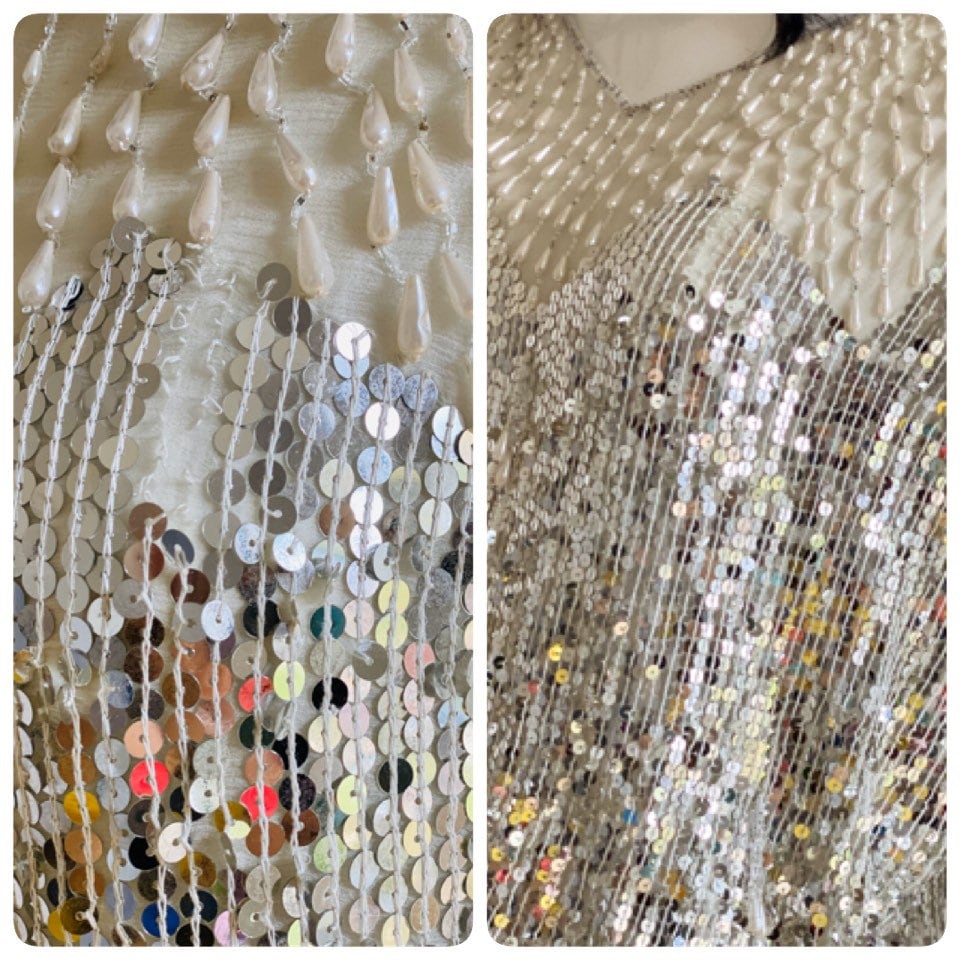 80s Neiman Marcus Silk Beaded Studio 54 Party Bling Top / Cropped Disco Beaded Top / Cropped Silver Metallic Top / Doman Sleeves