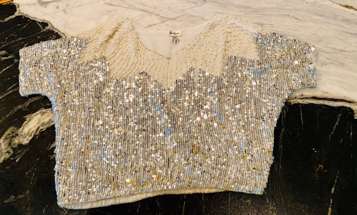 80s Neiman Marcus Silk Beaded Studio 54 Party Bling Top / Cropped Disco Beaded Top / Cropped Silver Metallic Top / Doman Sleeves