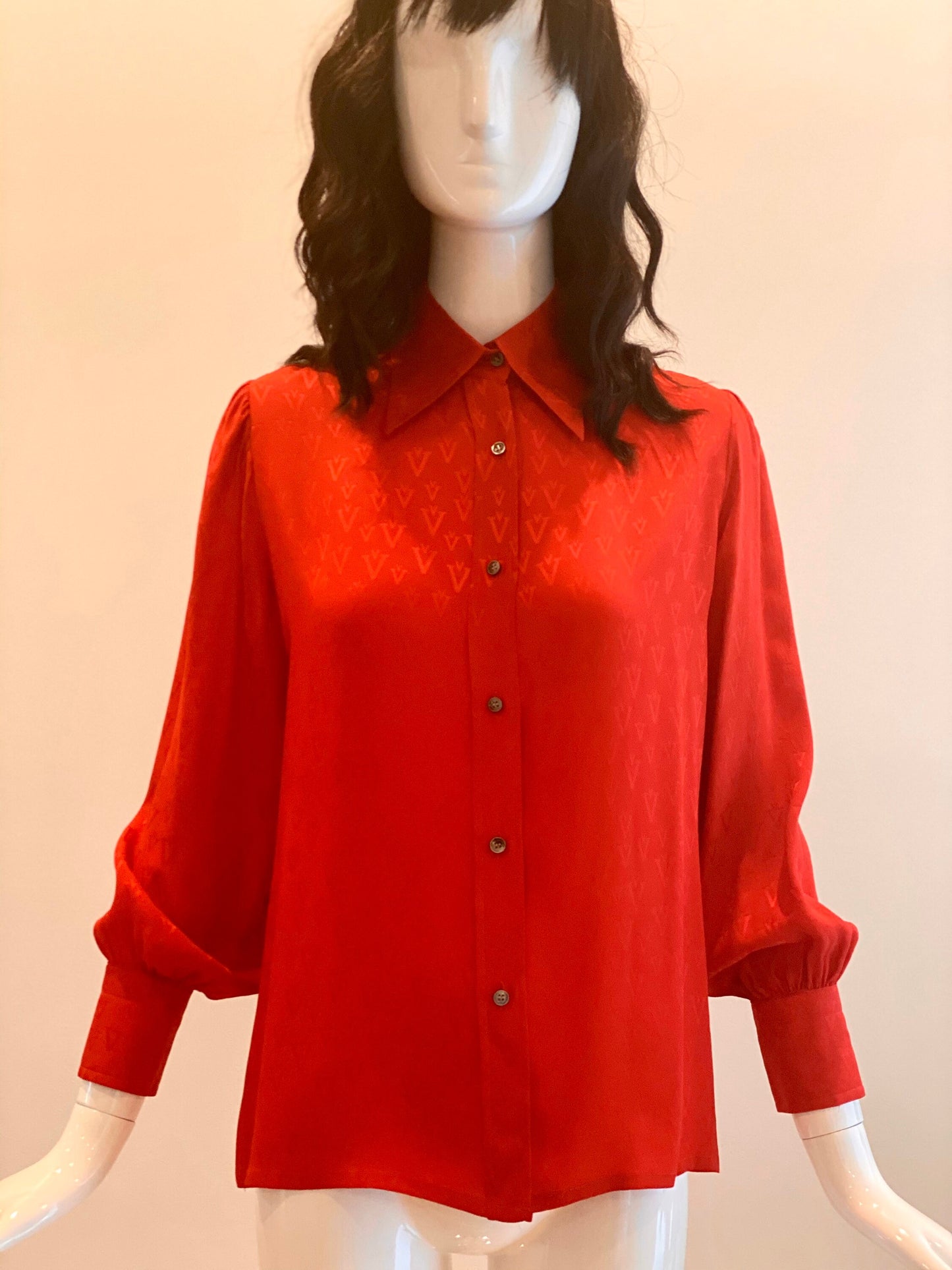 70s Valentino Red Silk Butterfly Collar Balloon Sleeves Blouse / Vintage Valentino Red Logo Puffy Sleeves Blouse / Large
