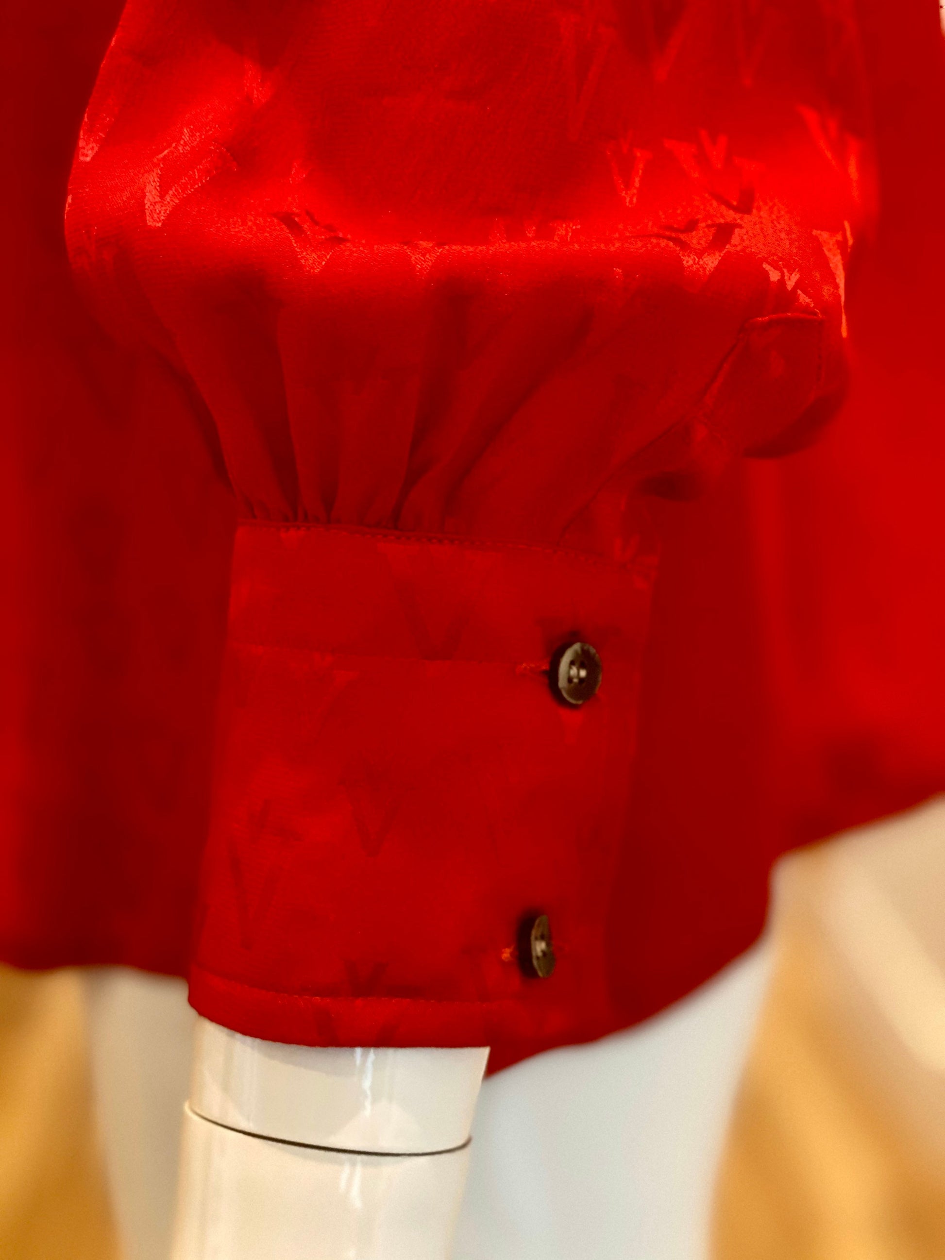 70s Valentino Red Silk Butterfly Collar Balloon Sleeves Blouse / Vintage Valentino Red Logo Puffy Sleeves Blouse / Large