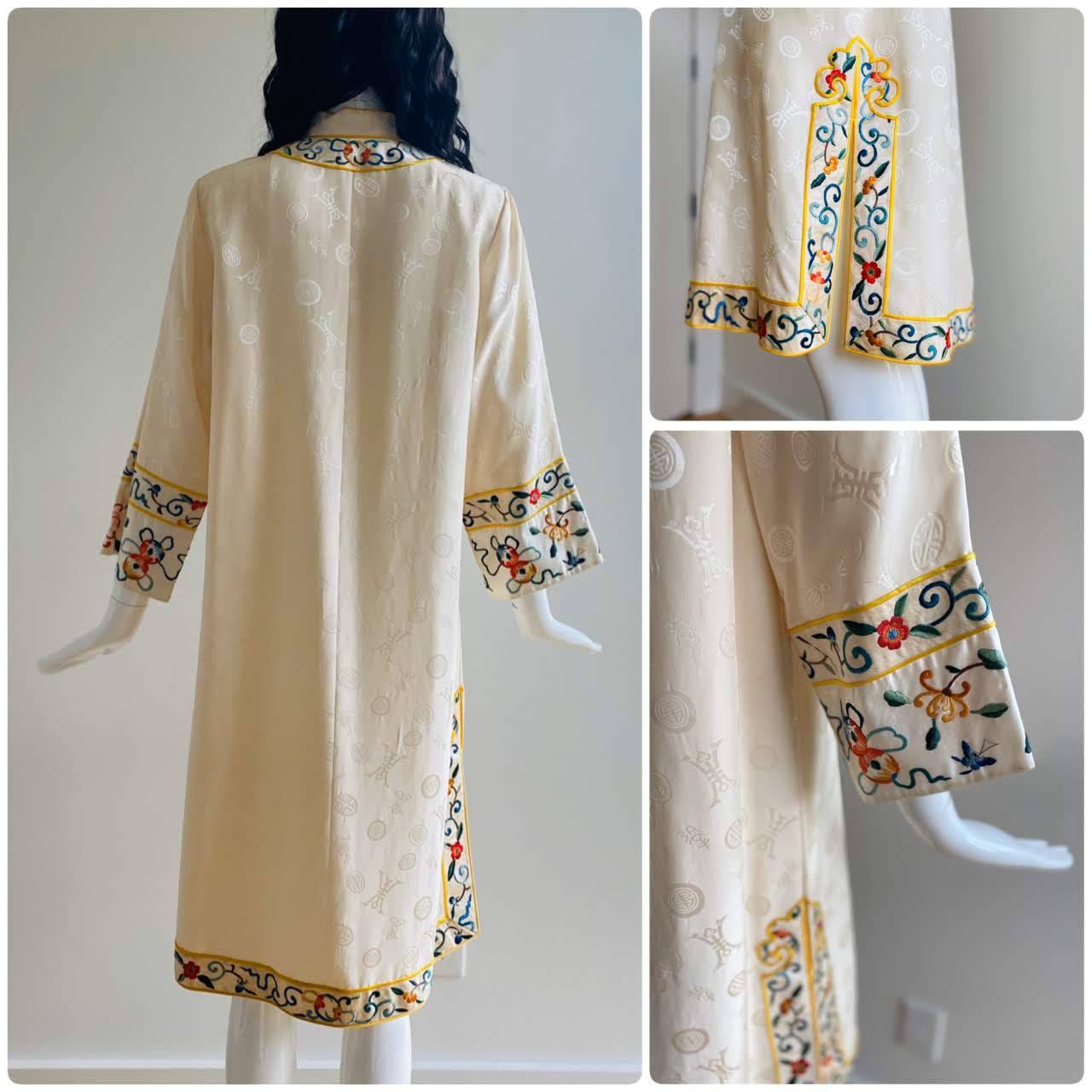 40s Rare Silk Cream and Yellow Chinoiserie Fancy Long Jacket / Multi Color Embroidered Silk Jacket Dress / Hostess Dressing