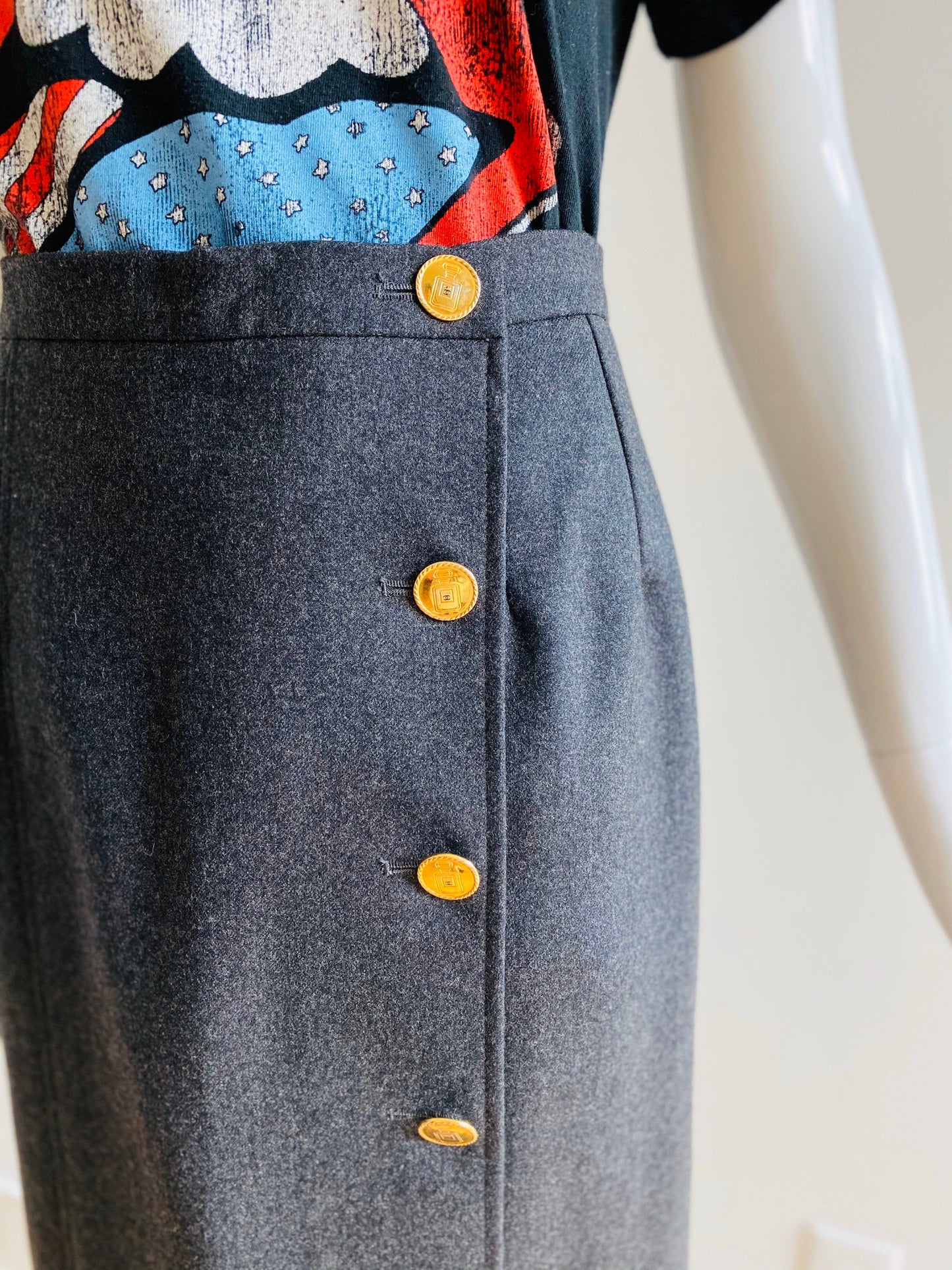 80s Vintage CHANEL Buttoned Down Wrap Skirt Chanel Midi