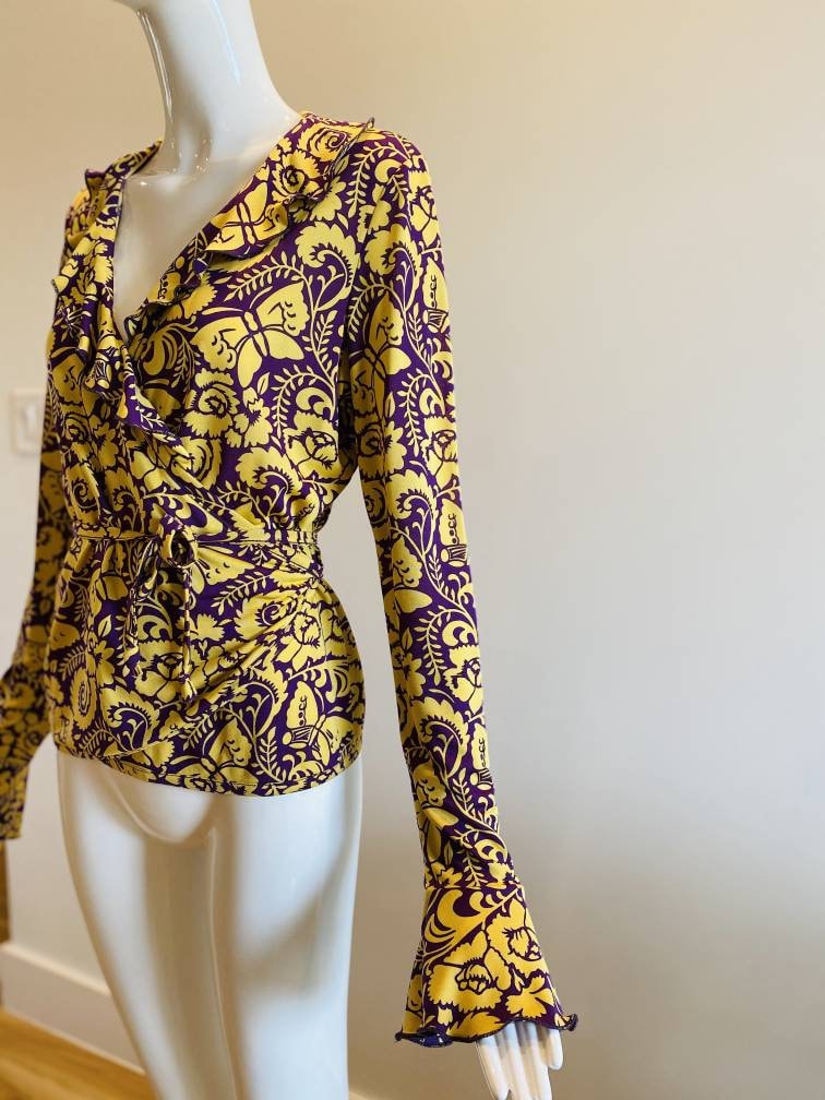 Vintage Herion1886 Yellow and Purple Silk Wrap Paisley Butterfly Print Ruffled Blouse Rare Italian Couture / Large