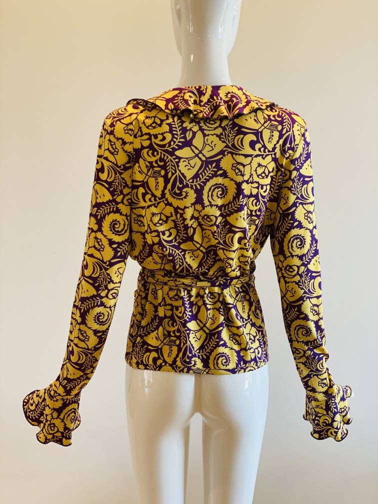 Vintage Herion1886 Yellow and Purple Silk Wrap Paisley Butterfly Print Ruffled Blouse Rare Italian Couture / Large