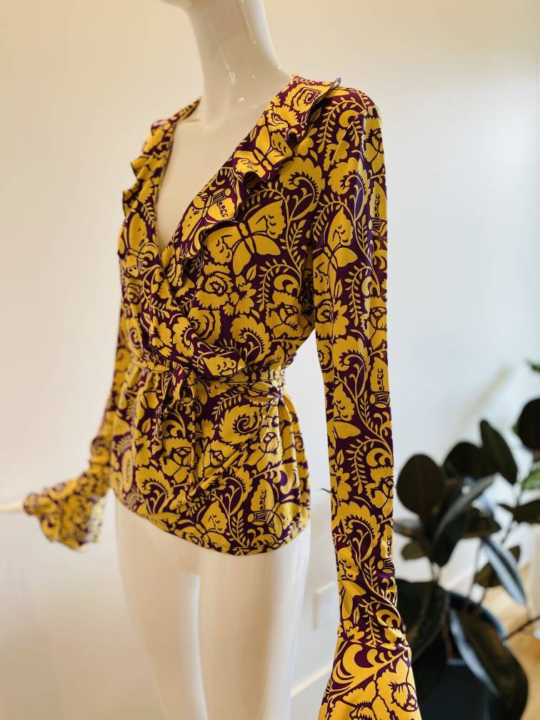 Vintage Herion1886 Yellow and Purple Silk Wrap Paisley Butterfly Print Ruffled Blouse Rare Italian Couture / Large