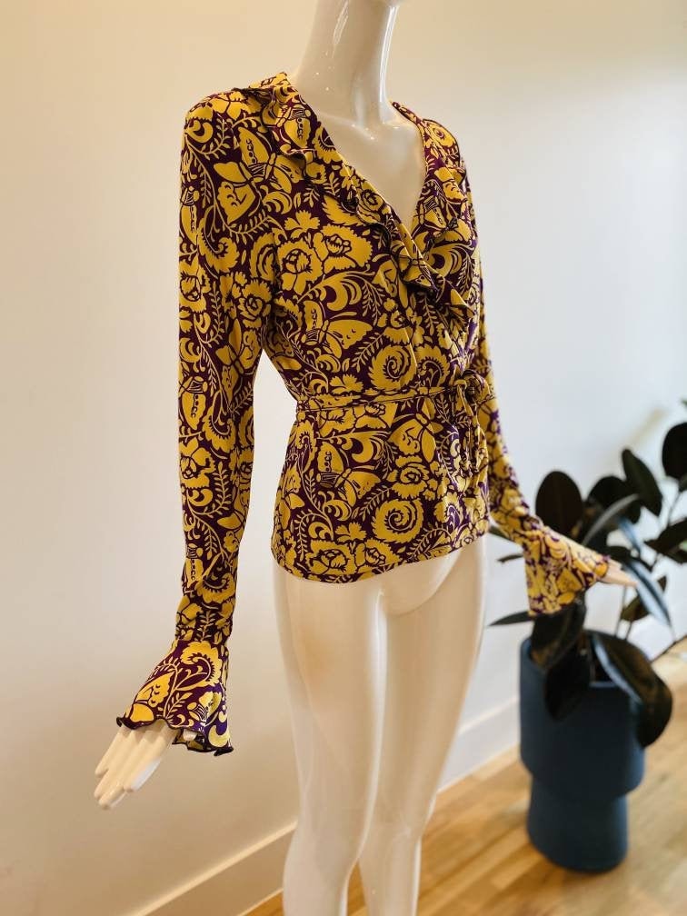 Vintage Herion1886 Yellow and Purple Silk Wrap Paisley Butterfly Print Ruffled Blouse Rare Italian Couture / Large