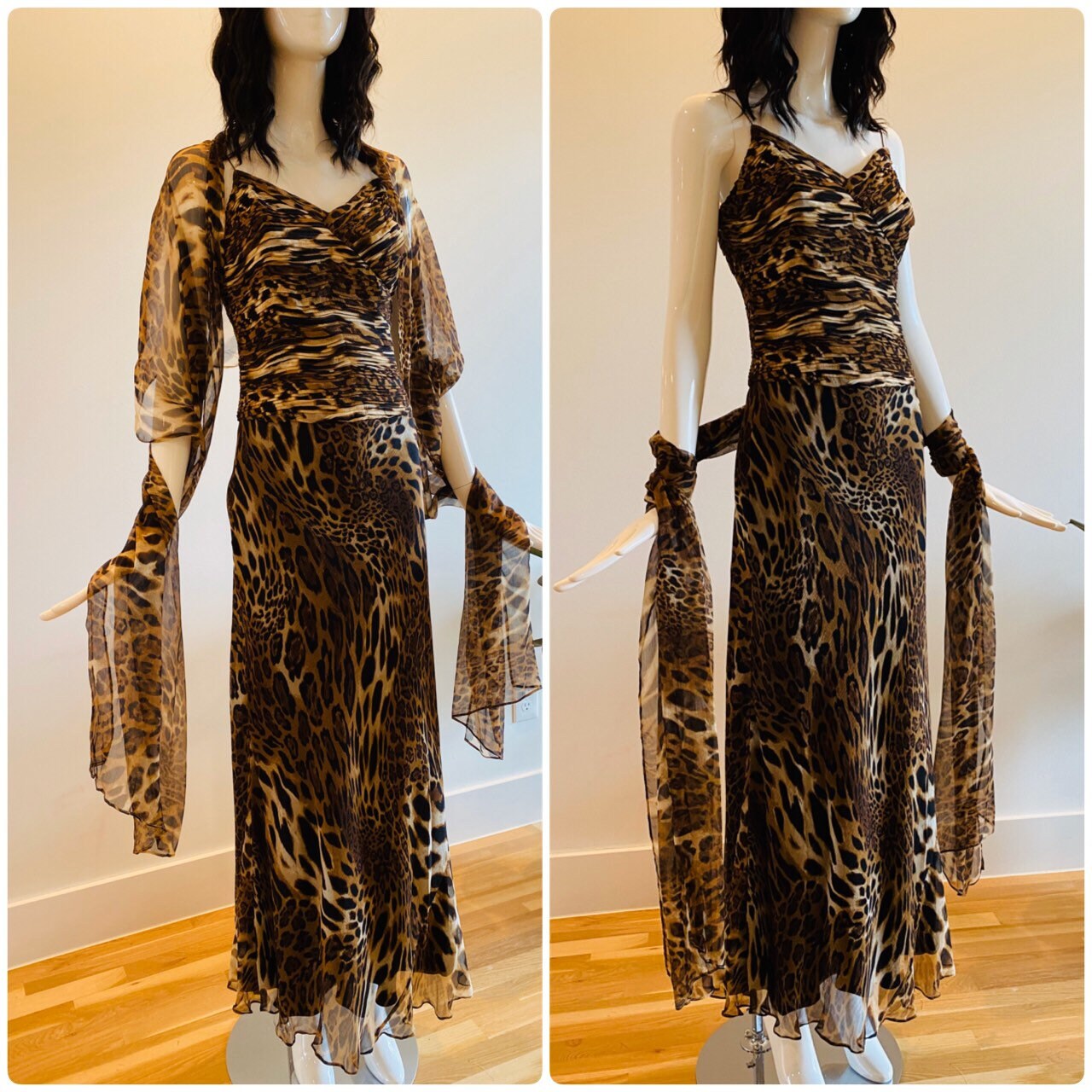 Sexy Animal Print Silk Maxi Spaghetti AStraps with Ruched Bodice Matching Shawl / Animal Print Silk Formal Dress