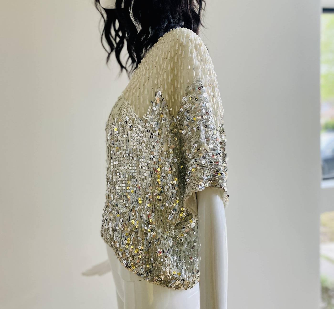 80s Neiman Marcus Silk Beaded Studio 54 Party Bling Top / Cropped Disco Beaded Top / Cropped Silver Metallic Top / Doman Sleeves