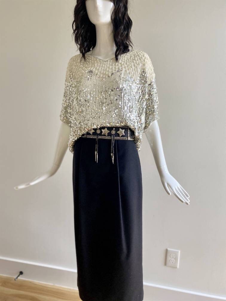 80s Neiman Marcus Silk Beaded Studio 54 Party Bling Top / Cropped Disco Beaded Top / Cropped Silver Metallic Top / Doman Sleeves