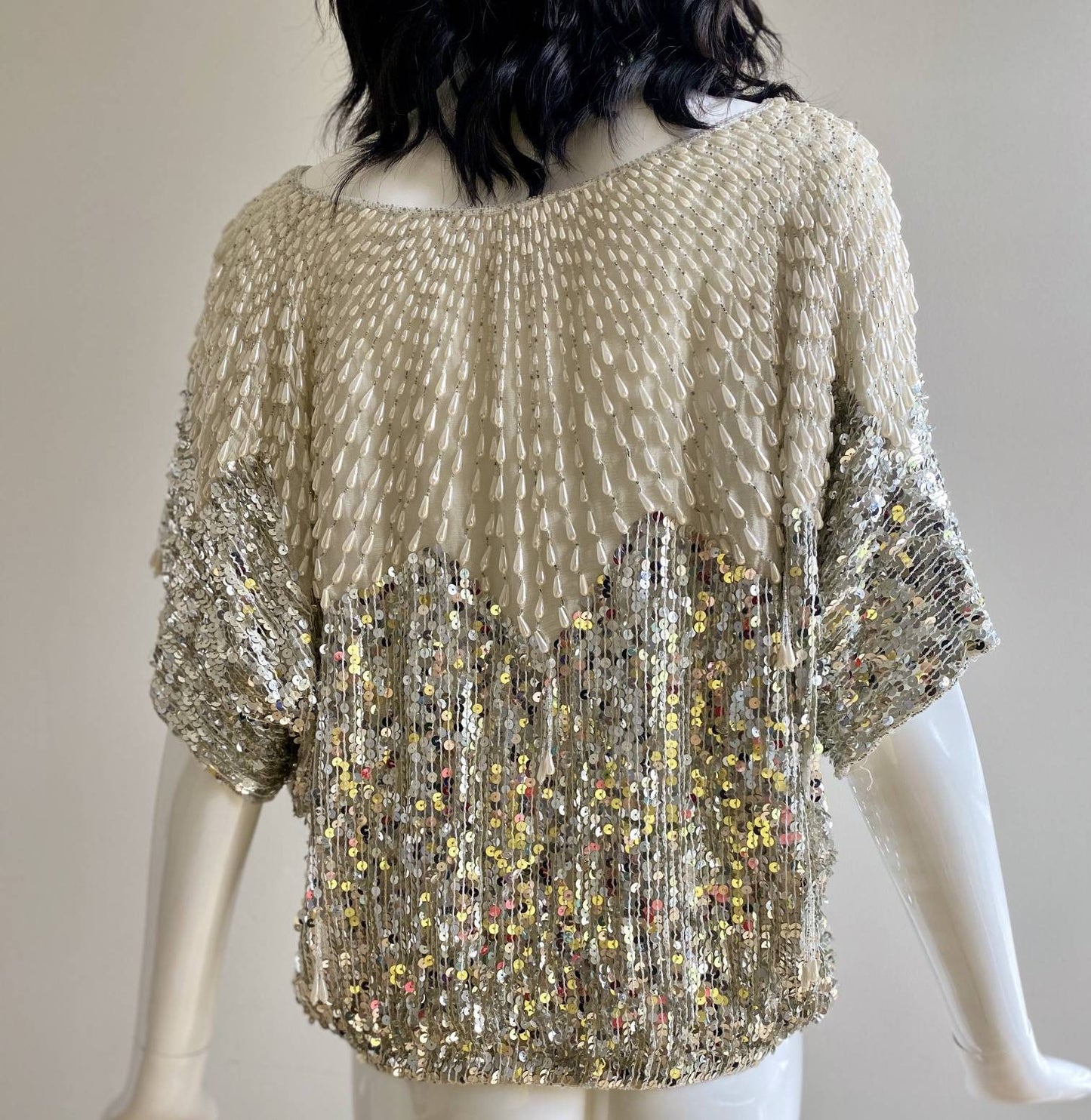 80s Neiman Marcus Silk Beaded Studio 54 Party Bling Top / Cropped Disco Beaded Top / Cropped Silver Metallic Top / Doman Sleeves