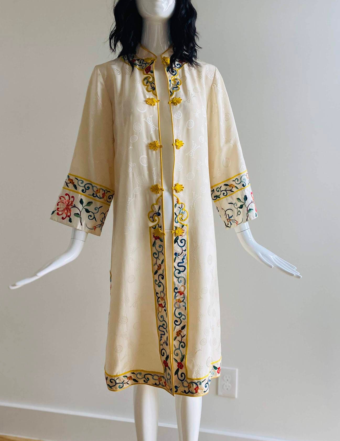 40s Rare Silk Cream and Yellow Chinoiserie Fancy Long Jacket / Multi Color Embroidered Silk Jacket Dress / Hostess Dressing