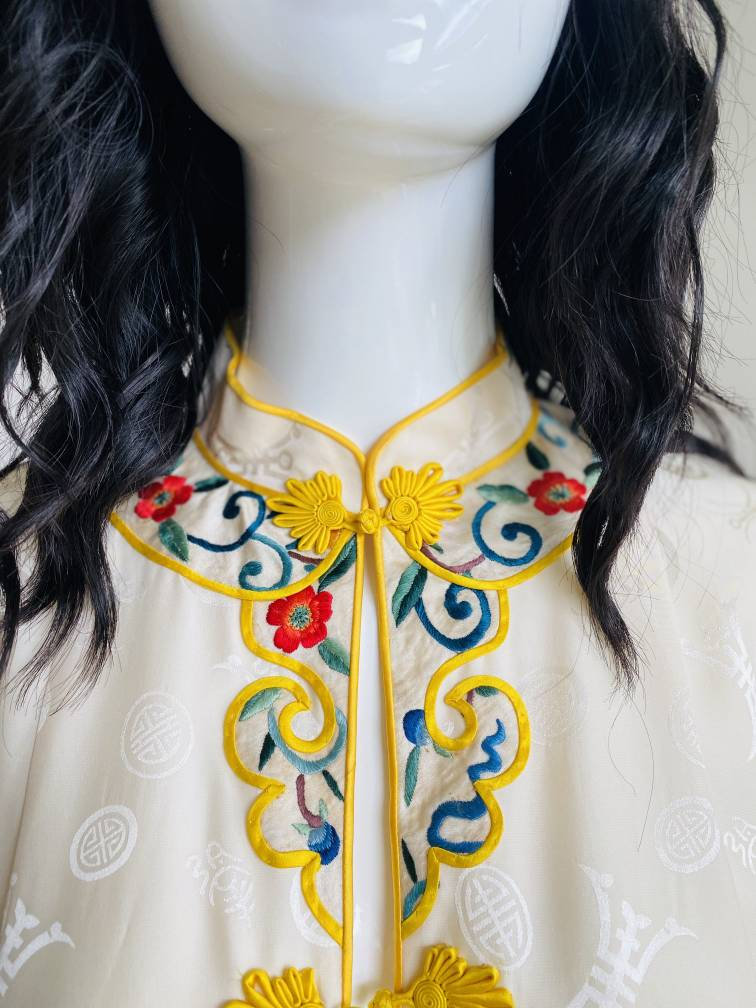 40s Rare Silk Cream and Yellow Chinoiserie Fancy Long Jacket / Multi Color Embroidered Silk Jacket Dress / Hostess Dressing