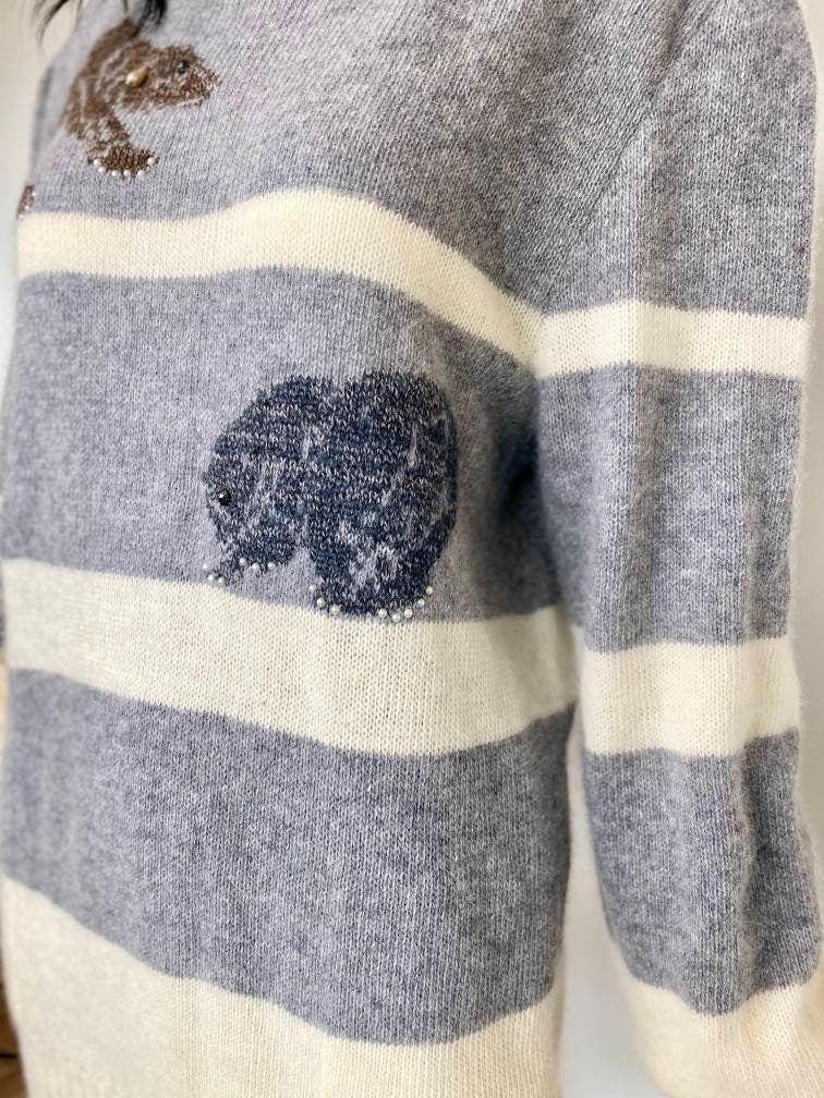 KRIZIA I.MAGNIN Puffy Sleeves Angora Sweater 80s Animal Embellished Bear