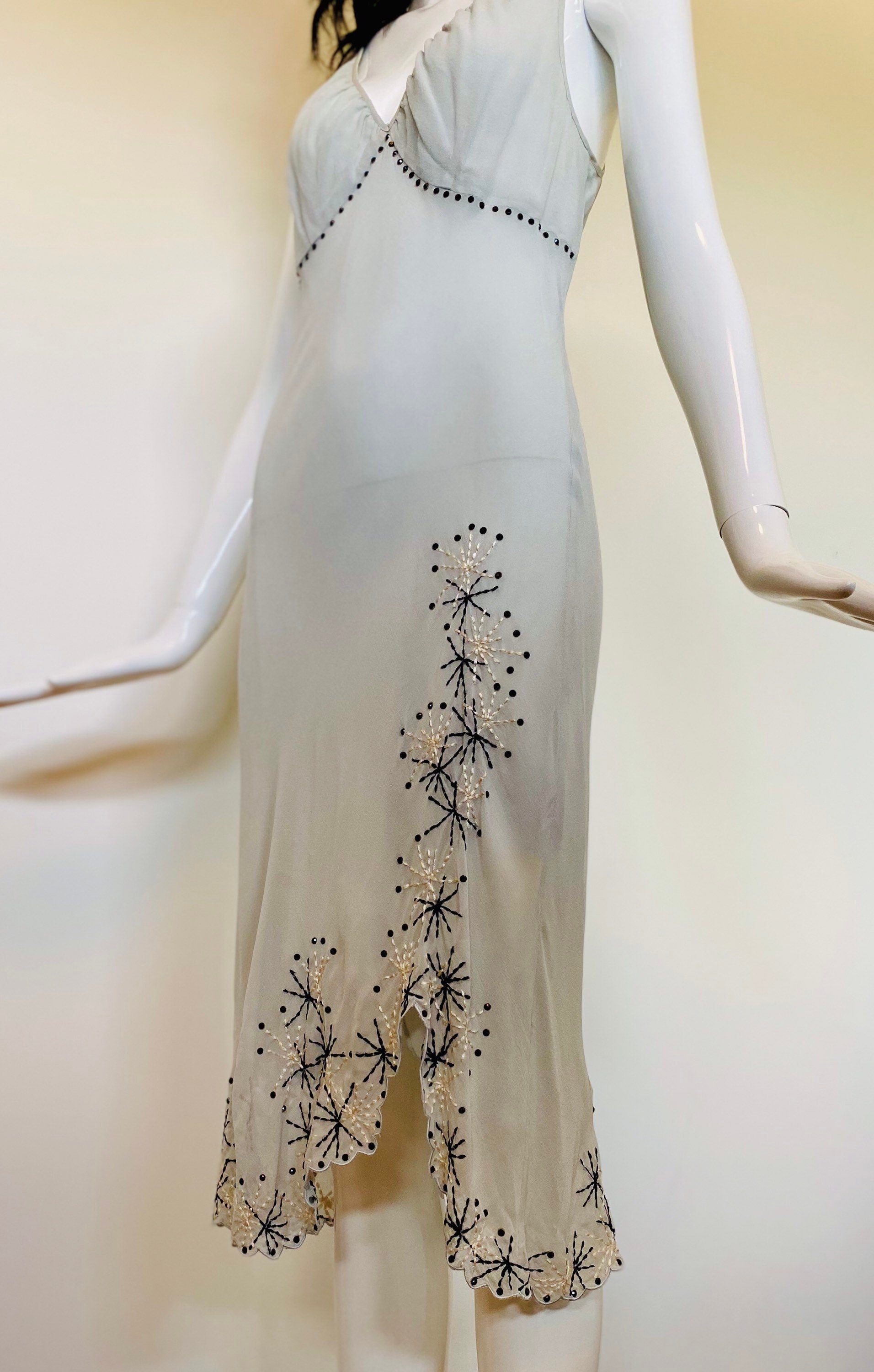 90s Catherine MELANDRINO Grey Silk Bias Embroidered Midi Dress