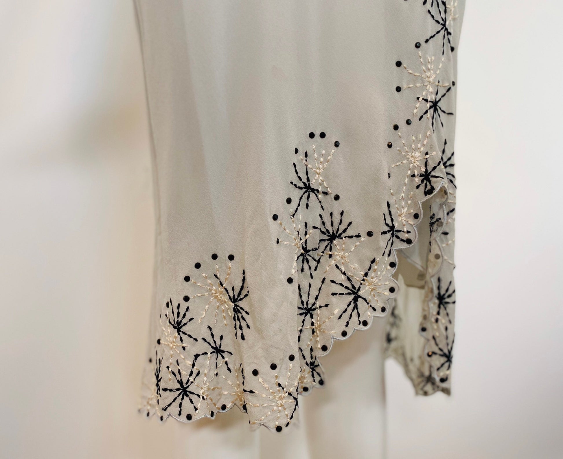 90s Catherine MELANDRINO Grey Silk Bias Embroidered Midi Dress