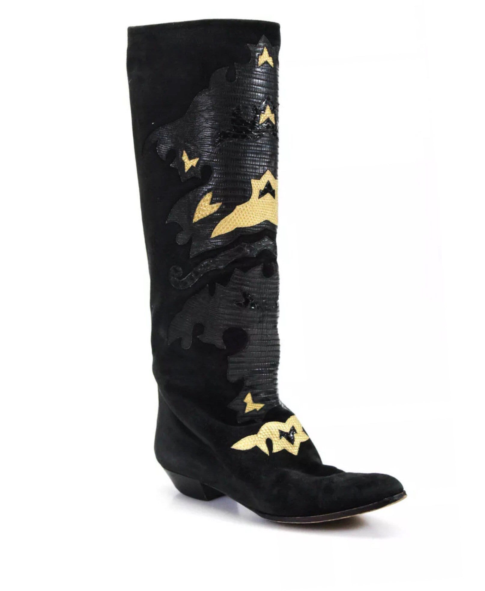 Andrea PFISTER Vintage Made in Italy Tall Black And Gold Lizard Python Snake Skin 1" Stacked Heel Boots Size 38 7.5