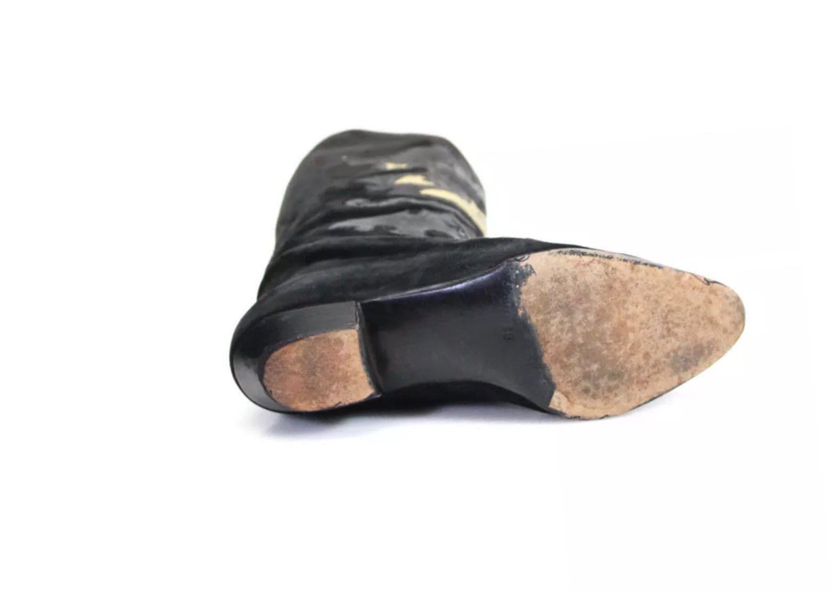 Andrea PFISTER Vintage Made in Italy Tall Black And Gold Lizard Python Snake Skin 1" Stacked Heel Boots Size 38 7.5