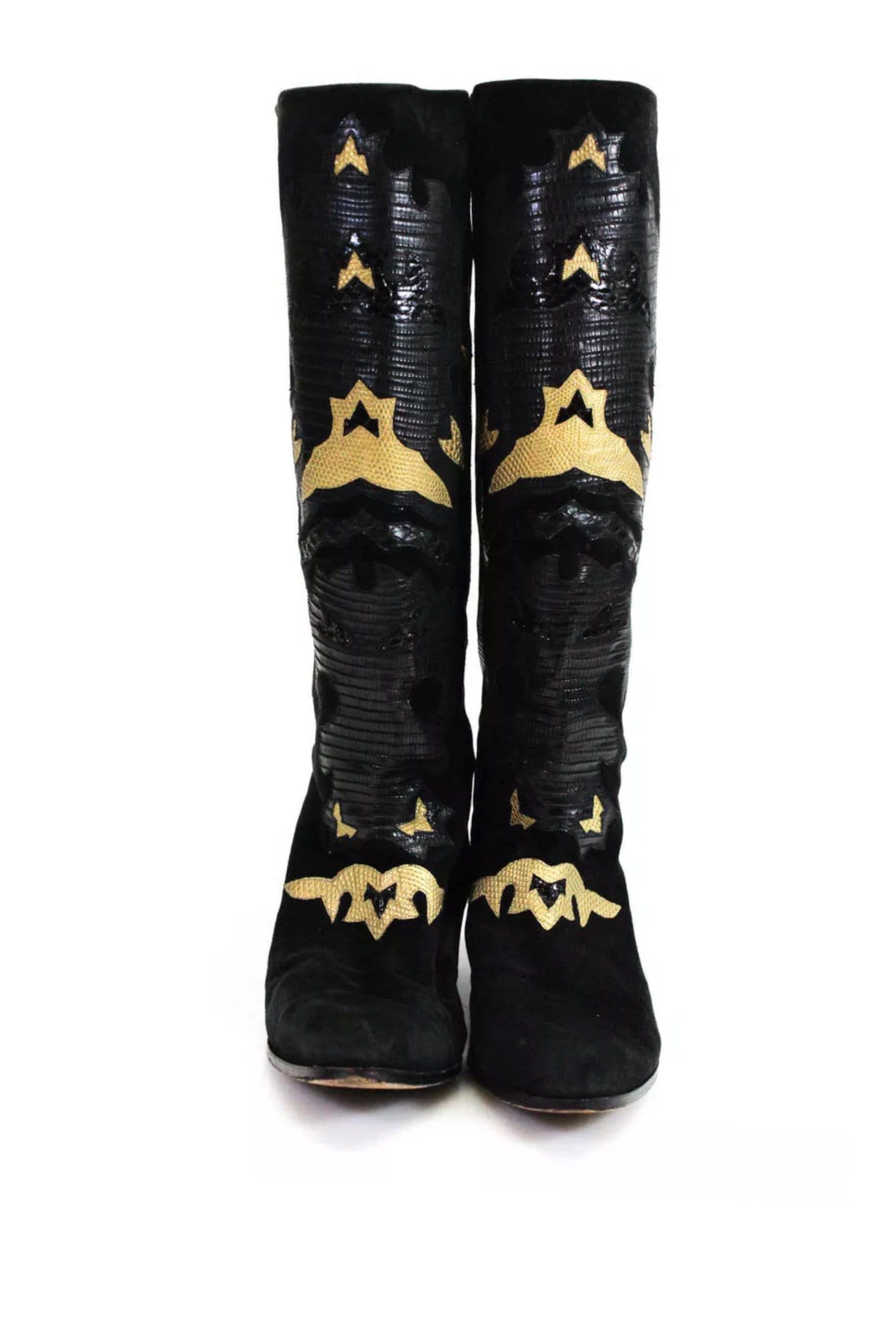 Andrea PFISTER Vintage Made in Italy Tall Black And Gold Lizard Python Snake Skin 1" Stacked Heel Boots Size 38 7.5