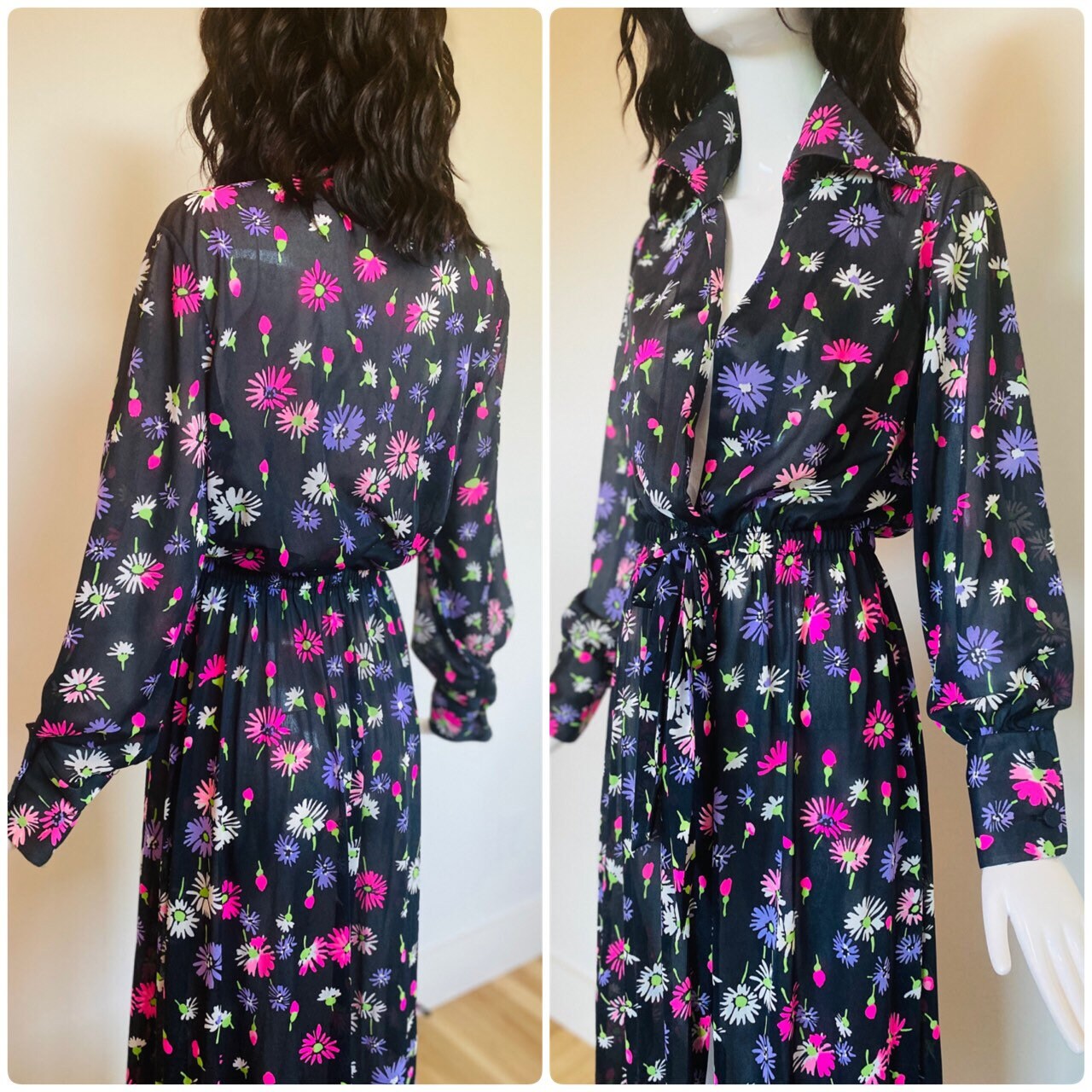 70s ILGWU Union Made Psychedelic Floral Print Butterfly Collar Puffy Sleeves Nylon House Jacket CoverUp Hostess Dressing Duster button up