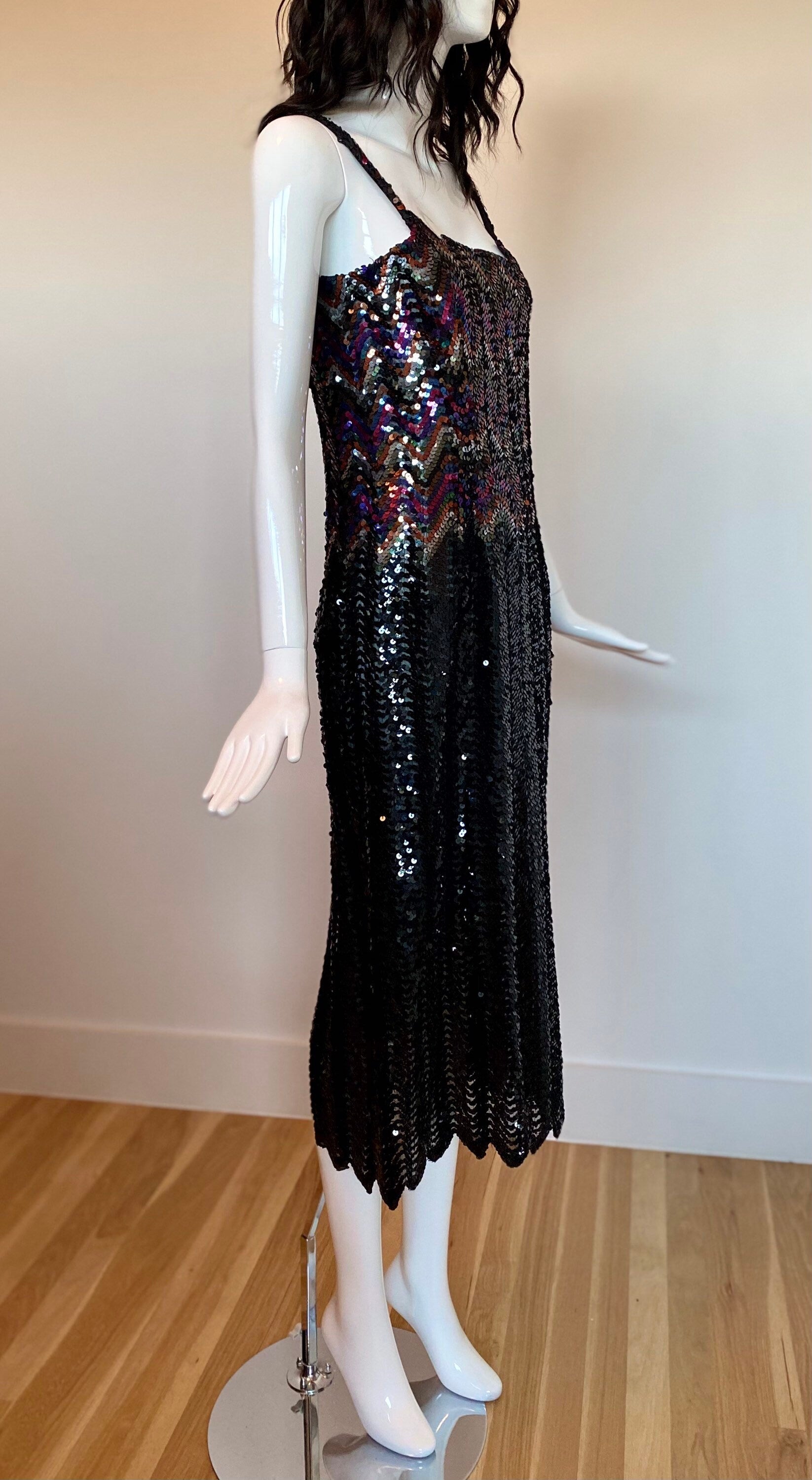 80s One Of a Kind Disco Rainbow Chevron Sequins Beaded Rocking Sexy Fitted Formal Party Dress Size Small