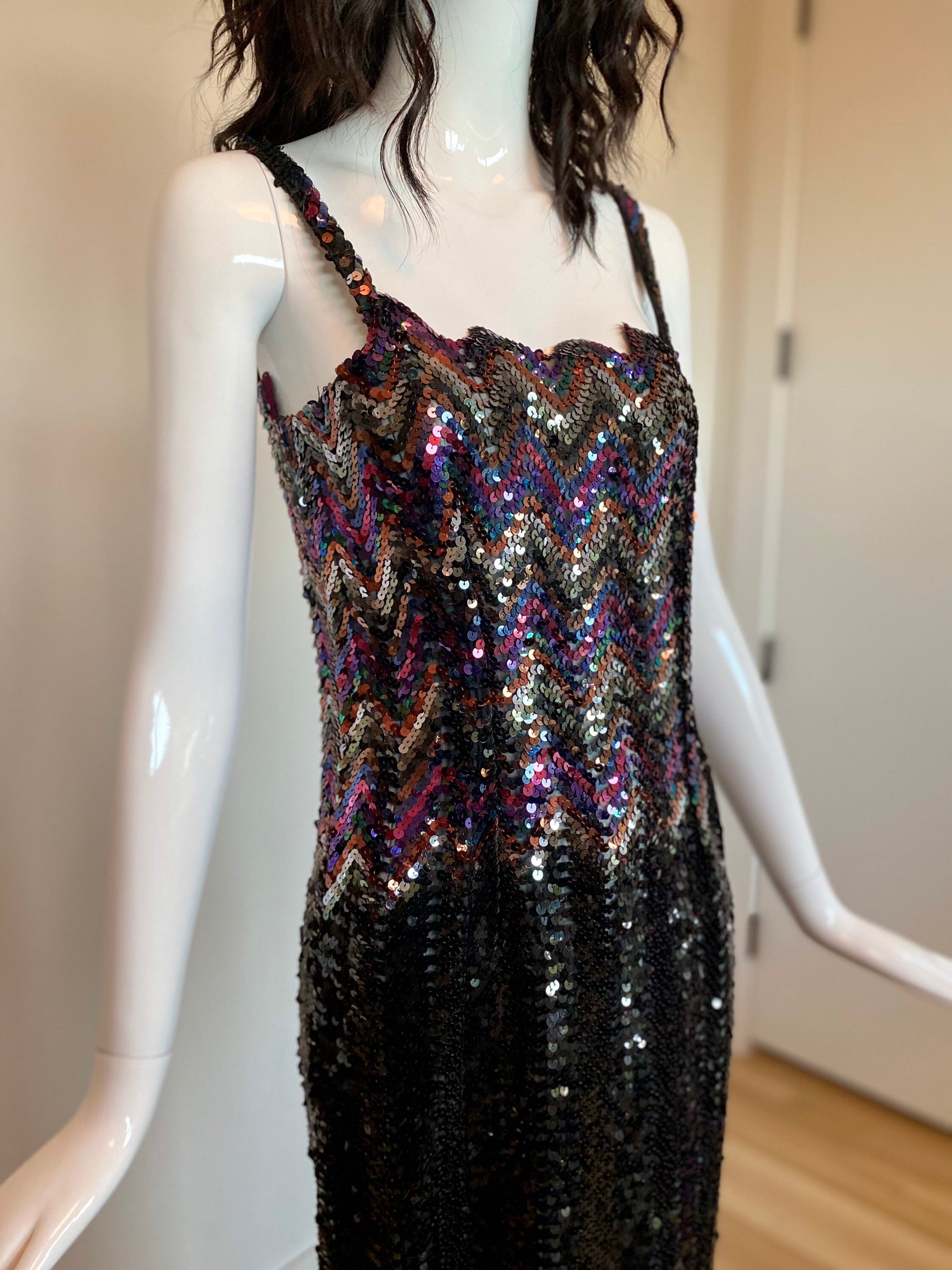 80s One Of a Kind Disco Rainbow Chevron Sequins Beaded Rocking Sexy Fitted Formal Party Dress Size Small