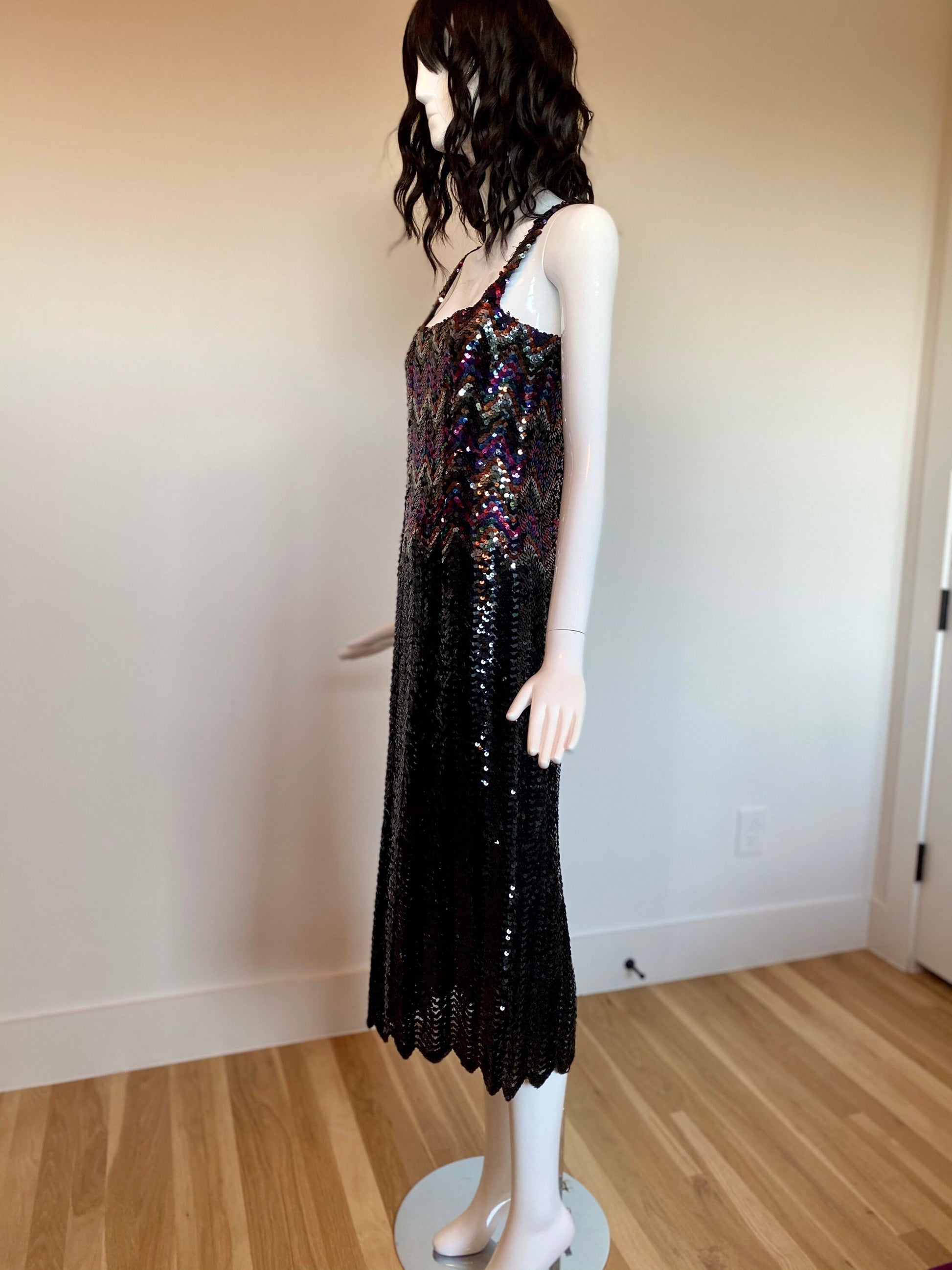 80s One Of a Kind Disco Rainbow Chevron Sequins Beaded Rocking Sexy Fitted Formal Party Dress Size Small