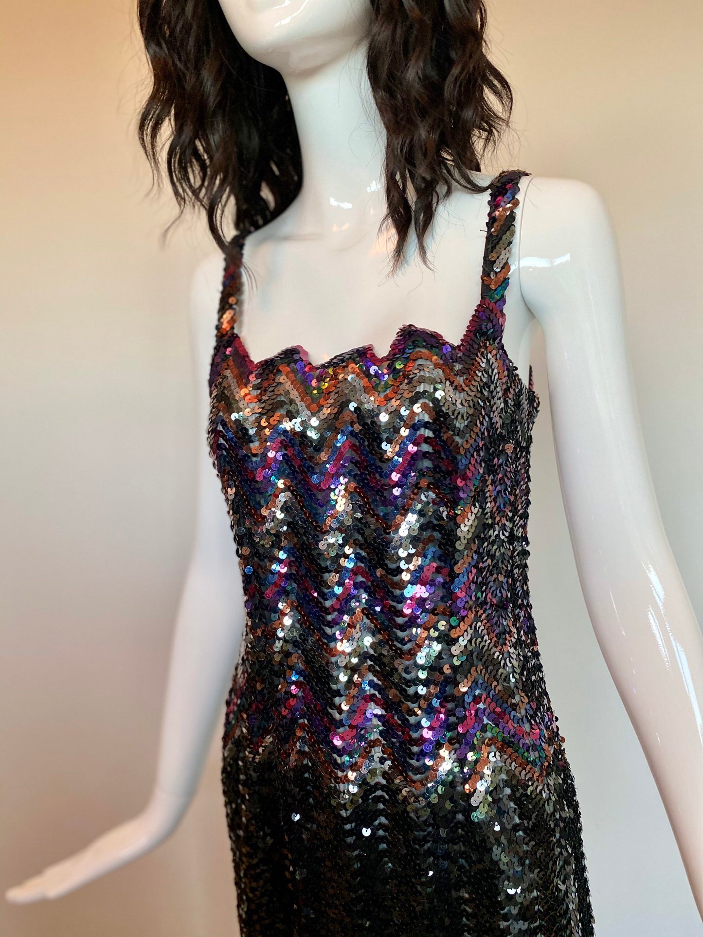 80s One Of a Kind Disco Rainbow Chevron Sequins Beaded Rocking Sexy Fitted Formal Party Dress Size Small