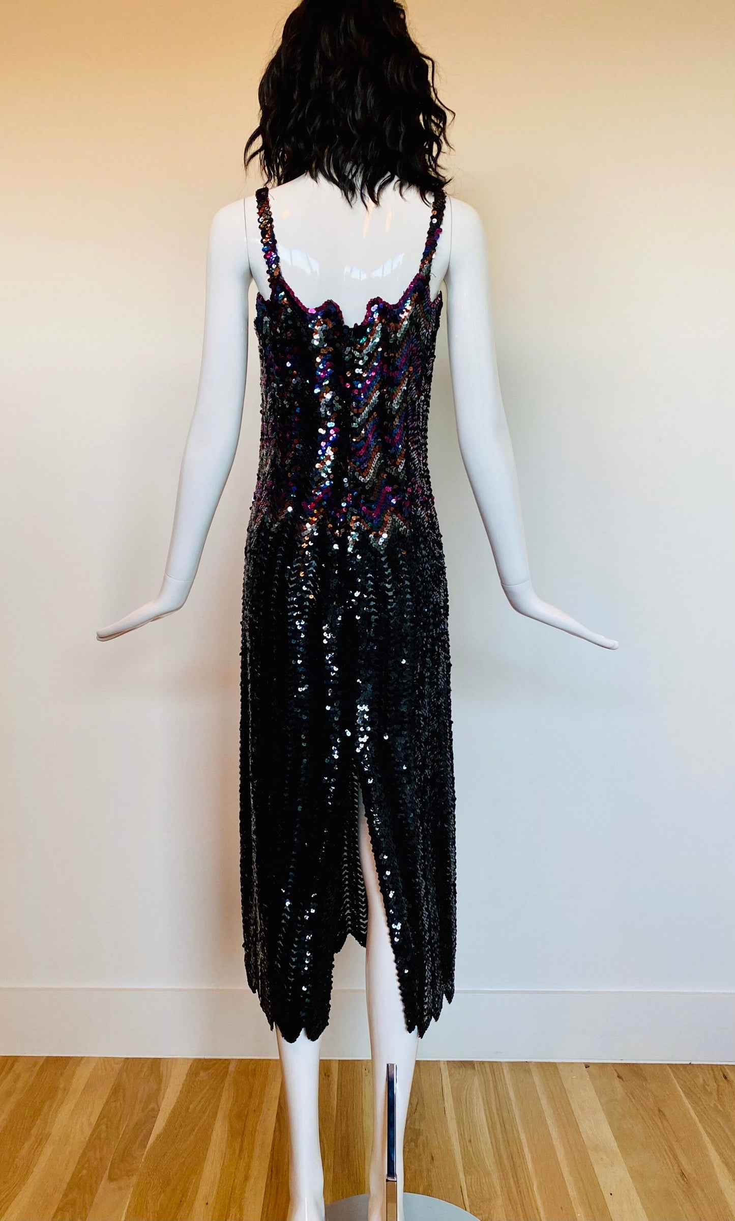 80s One Of a Kind Disco Rainbow Chevron Sequins Beaded Rocking Sexy Fitted Formal Party Dress Size Small