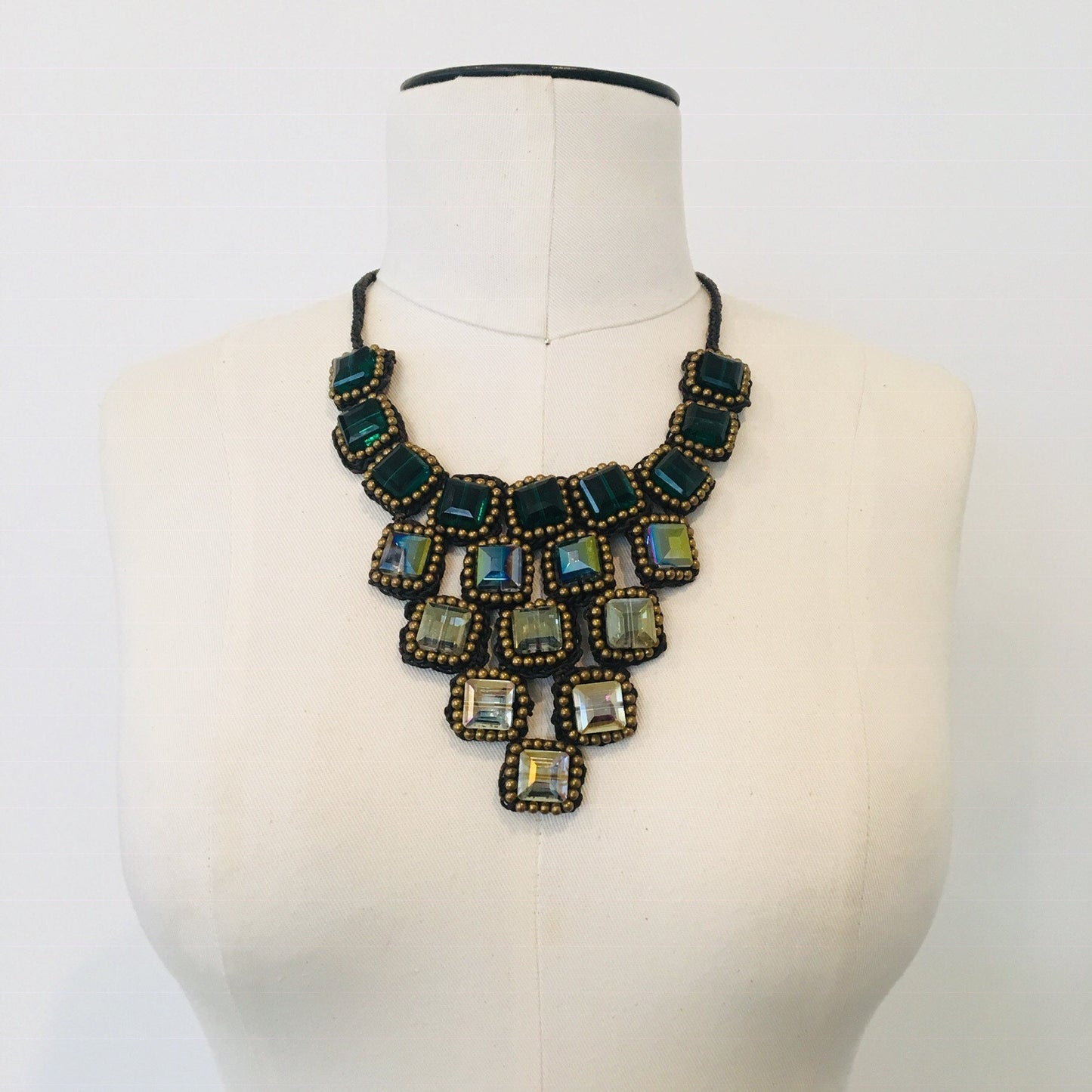 OOAK Vintage Artisan handmade crochet Oversized Crystal Iridescent Bib Statement Necklace