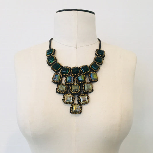 OOAK Vintage Artisan handmade crochet Oversized Crystal Iridescent Bib Statement Necklace