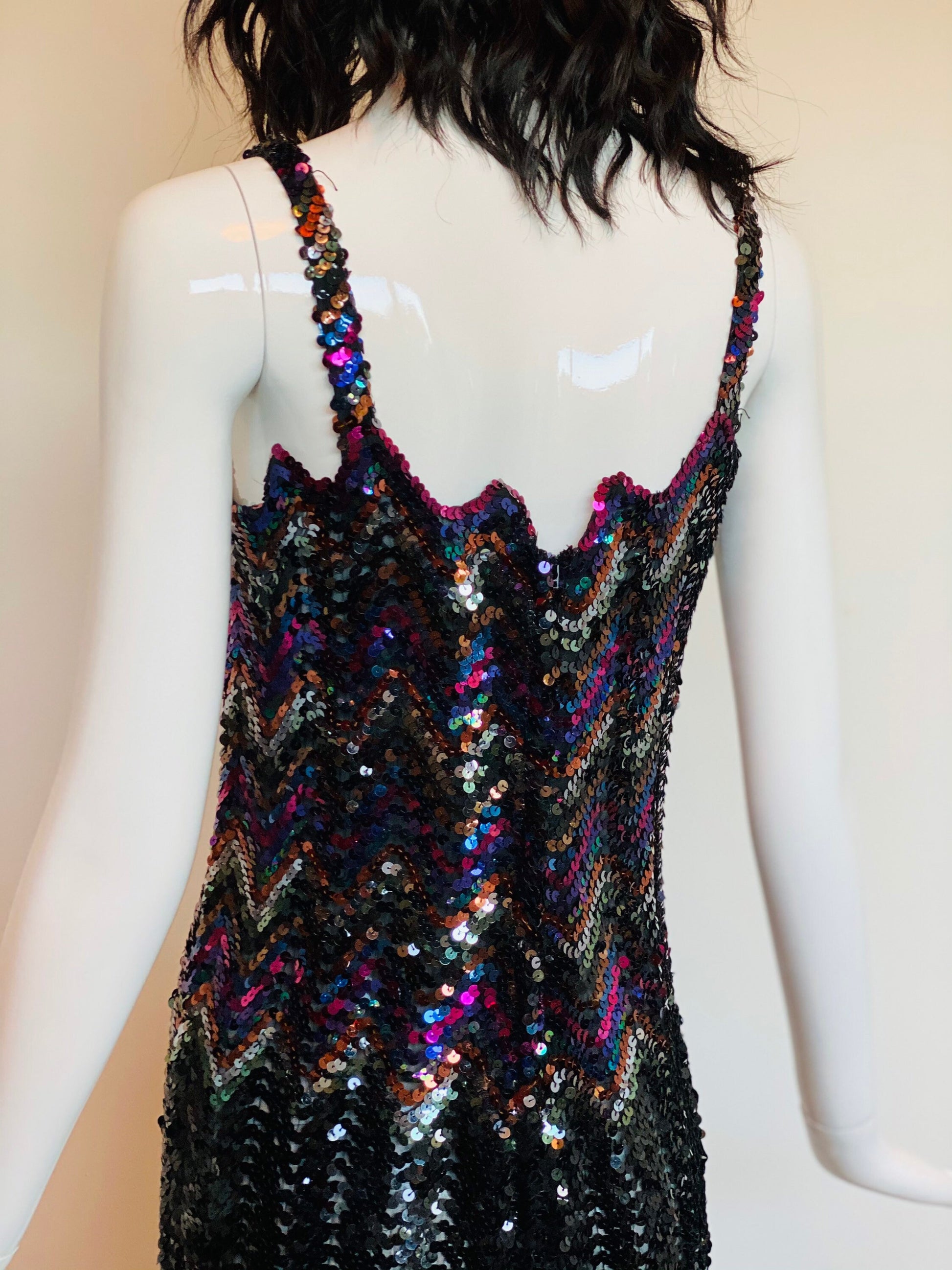 80s One Of a Kind Disco Rainbow Chevron Sequins Beaded Rocking Sexy Fitted Formal Party Dress Size Small