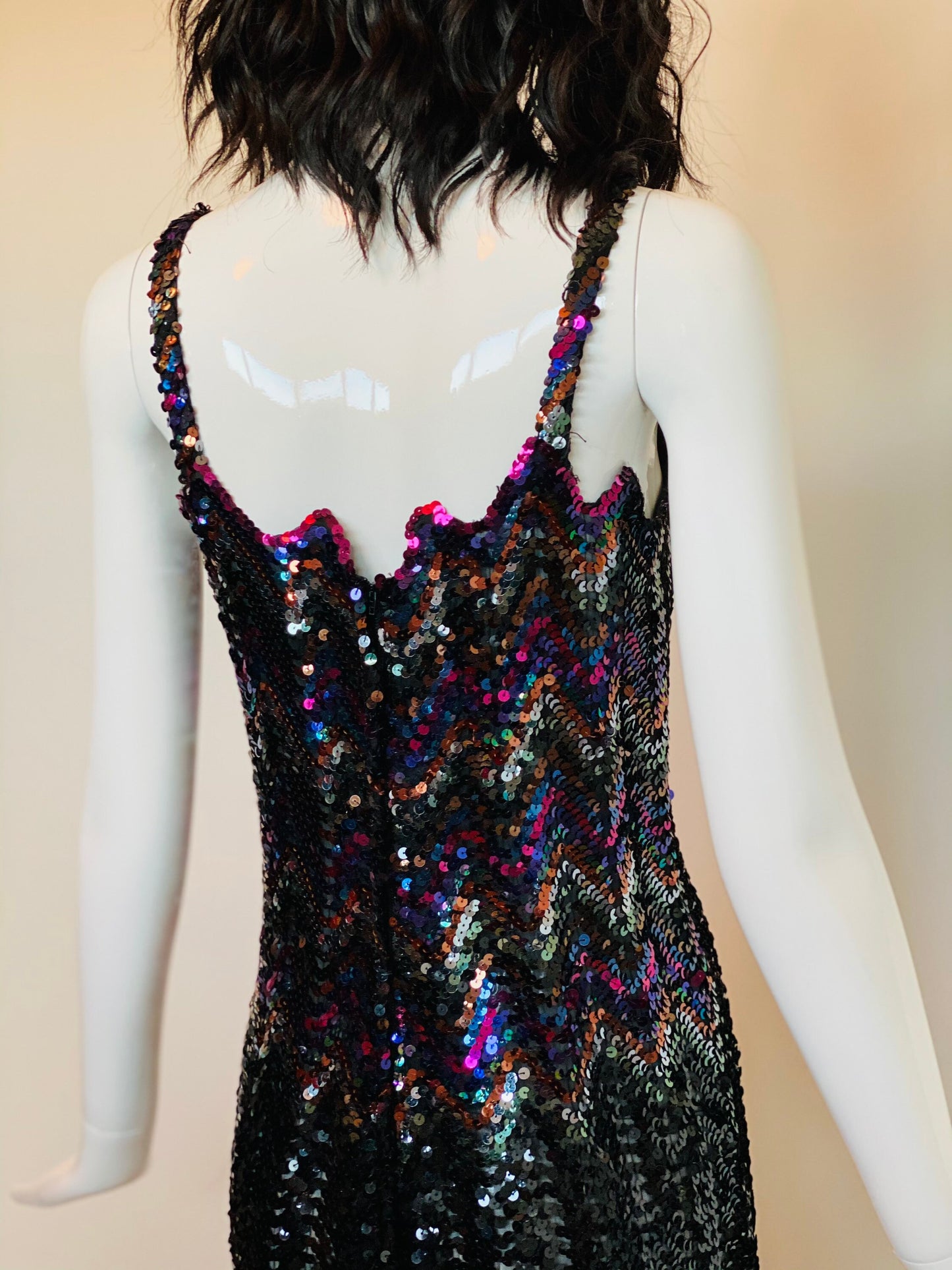 80s One Of a Kind Disco Rainbow Chevron Sequins Beaded Rocking Sexy Fitted Formal Party Dress Size Small