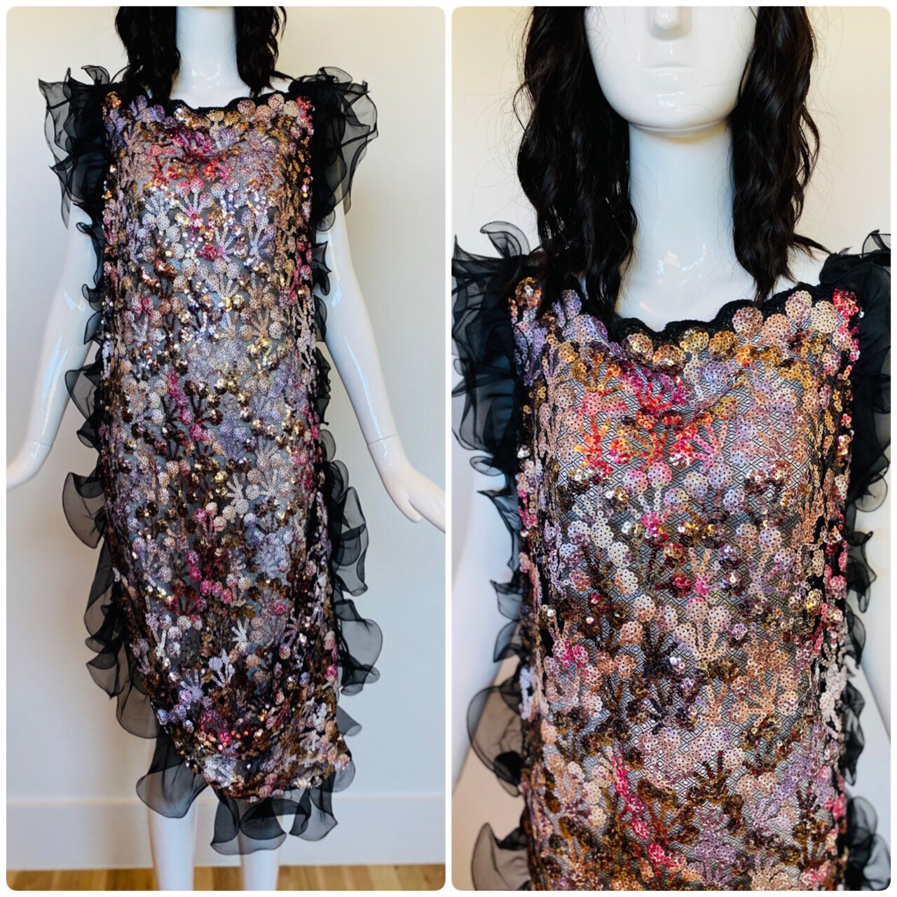 American Couturier Fe Zandi Rare 20s Throwback Party Crochet Sequins Dress Dramatic Organza Sleeves