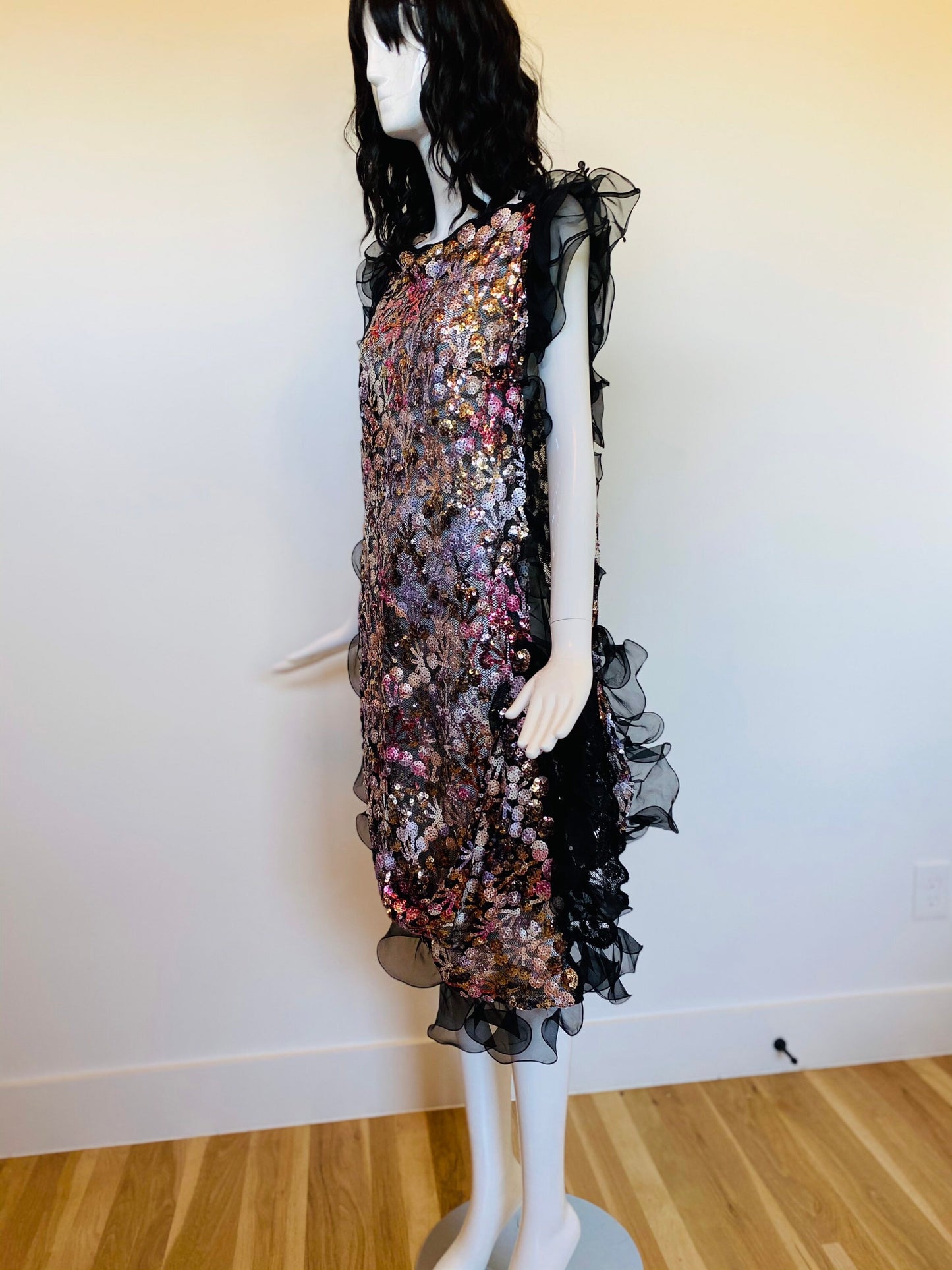 American Couturier Fe Zandi Rare 20s Throwback Party Crochet Sequins Dress Dramatic Organza Sleeves