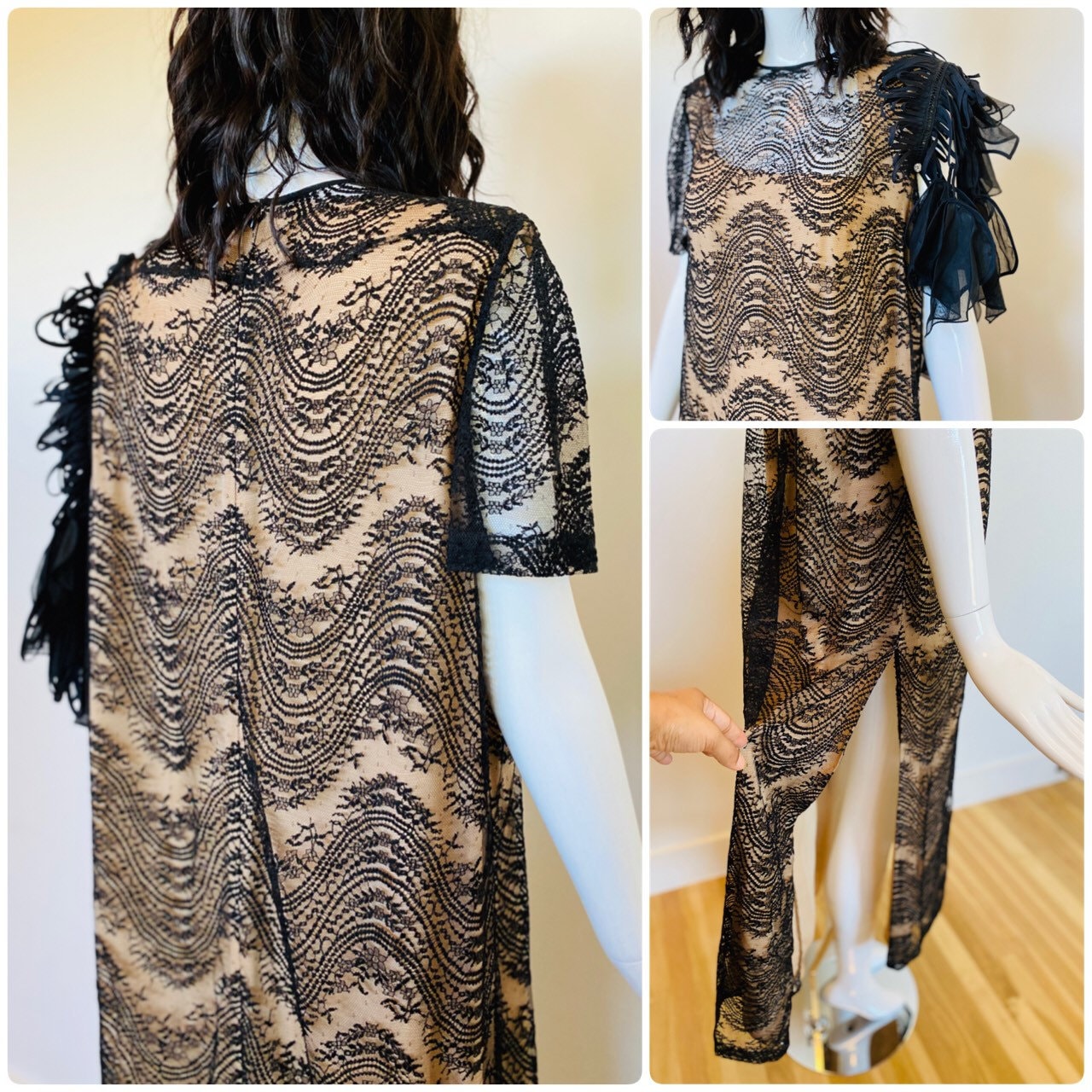 Fe Zandi Couture Black Lace Sexy Long Party Dress Shoulder Application