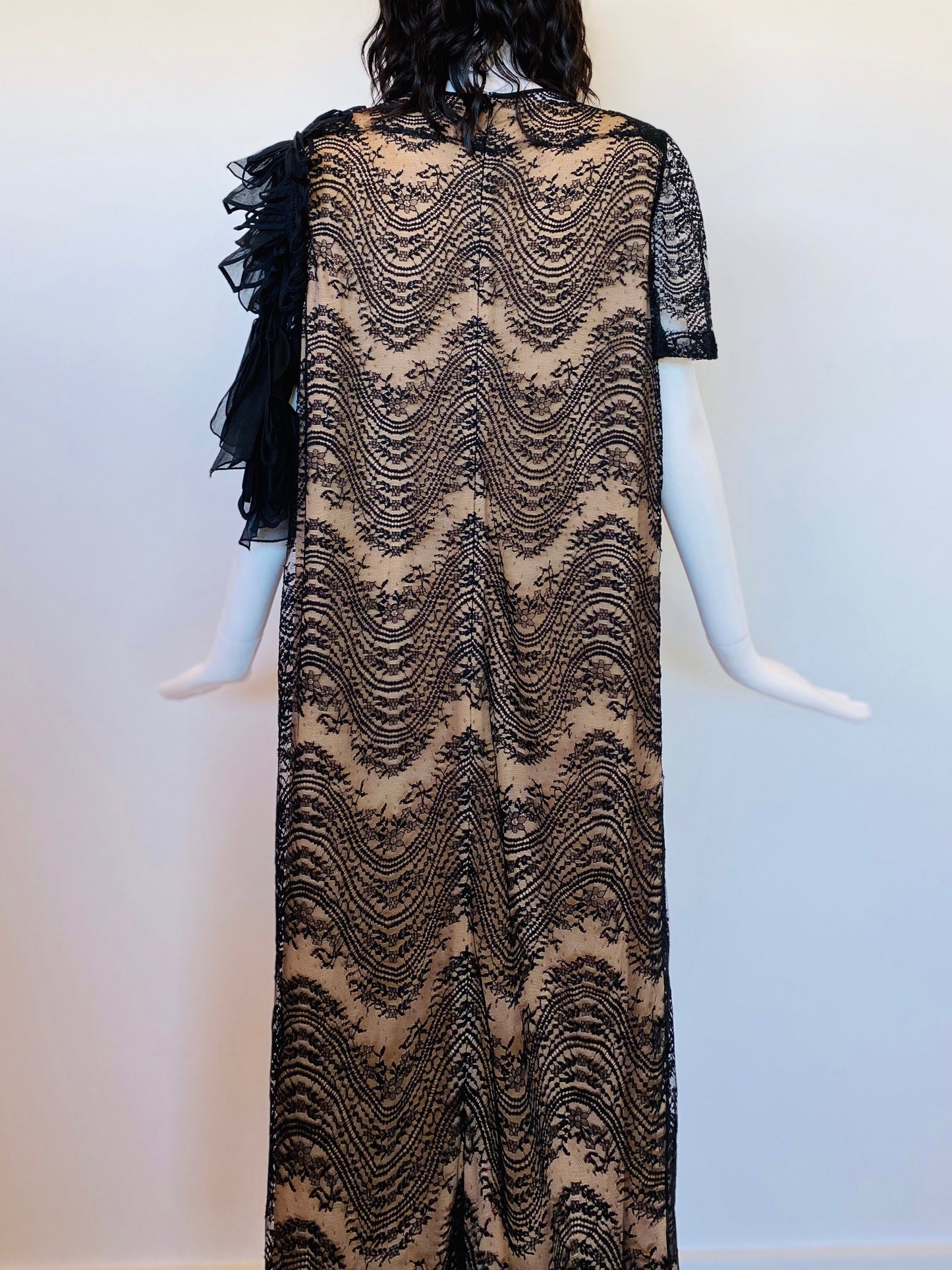 Fe Zandi Couture Black Lace Sexy Long Party Dress Shoulder Application