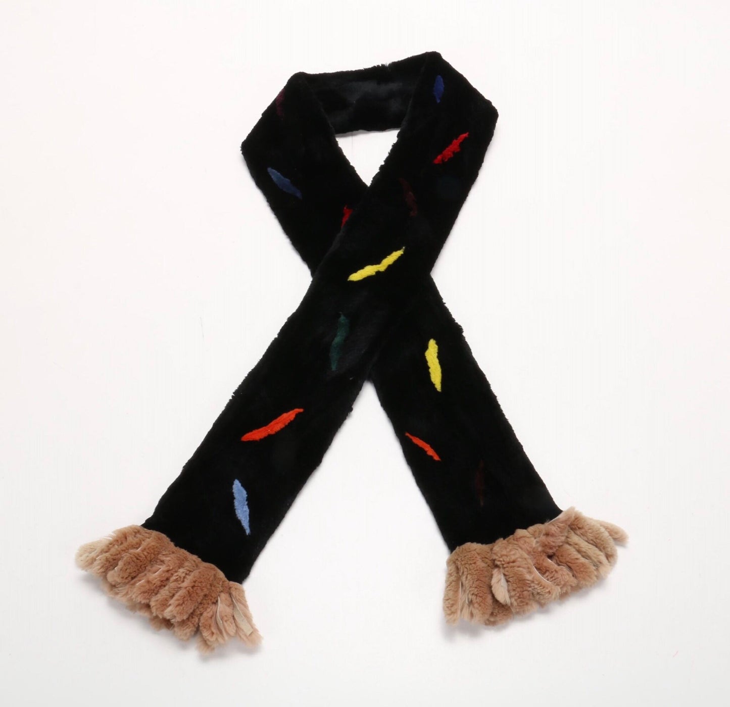 Fur Unisex Vintage Black Sheared Beaver Multi Color Abstract Stole Scarf 65" Long Zuki