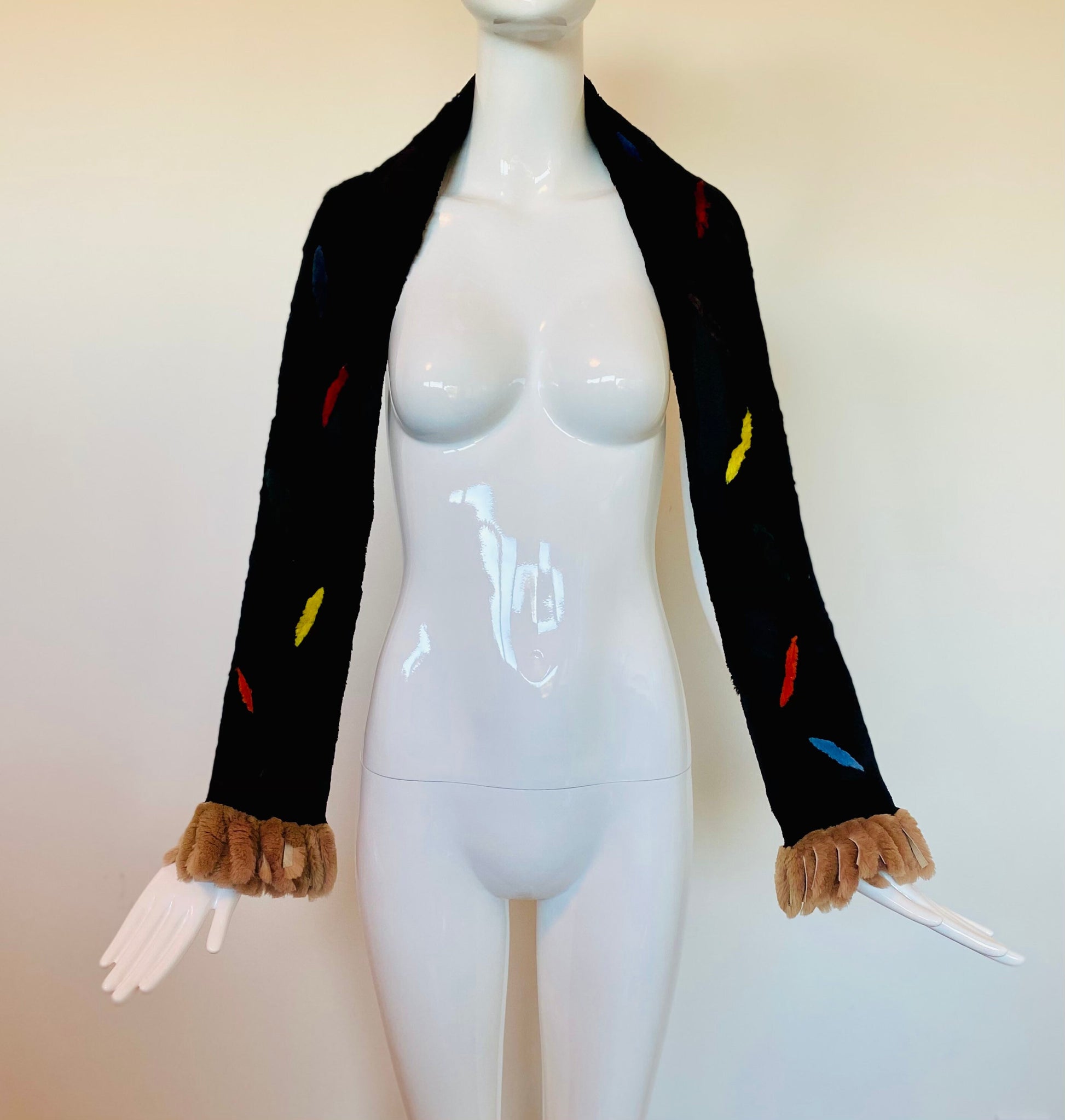 Fur Unisex Vintage Black Sheared Beaver Multi Color Abstract Stole Scarf 65" Long Zuki