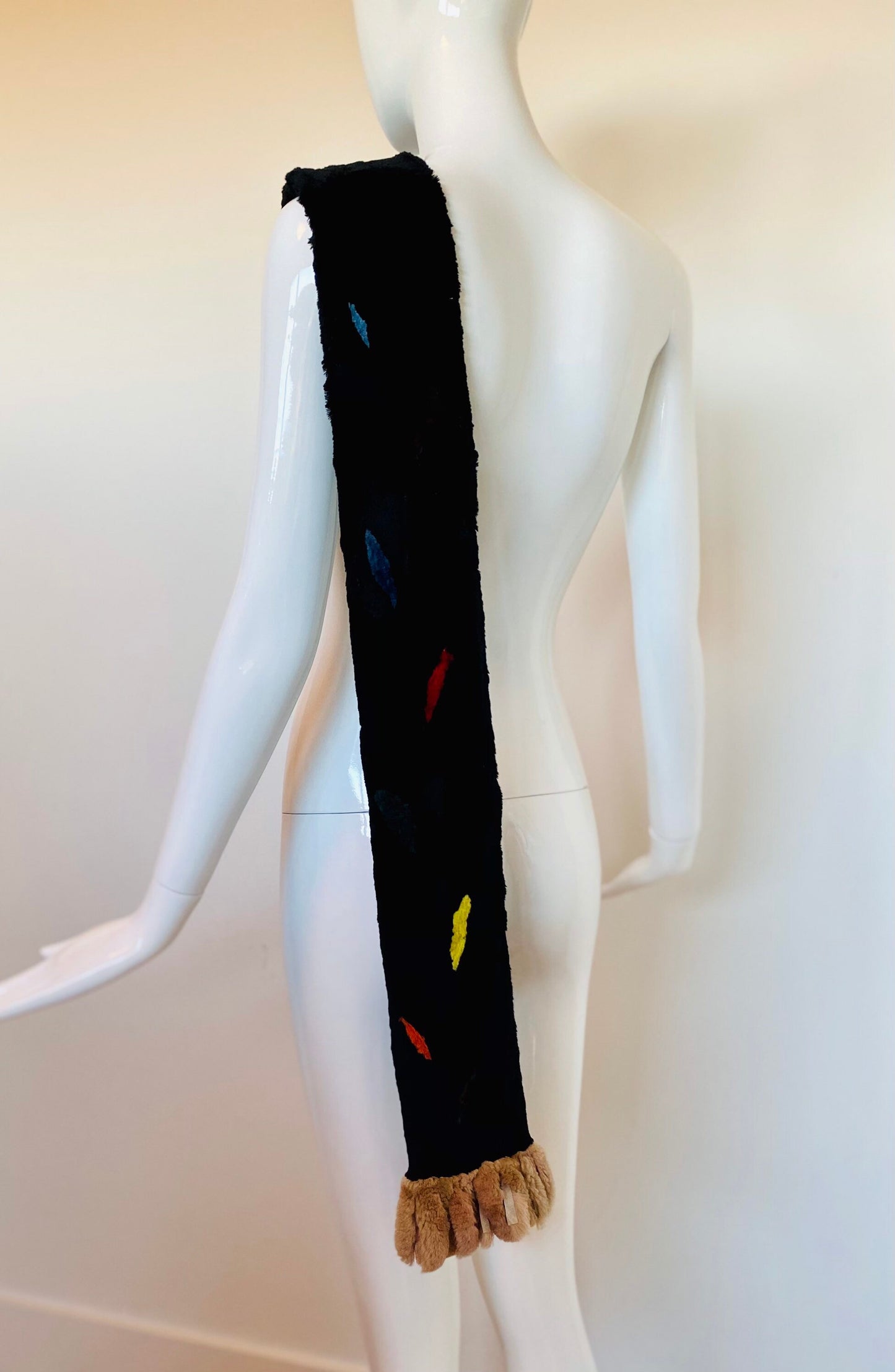 Fur Unisex Vintage Black Sheared Beaver Multi Color Abstract Stole Scarf 65" Long Zuki