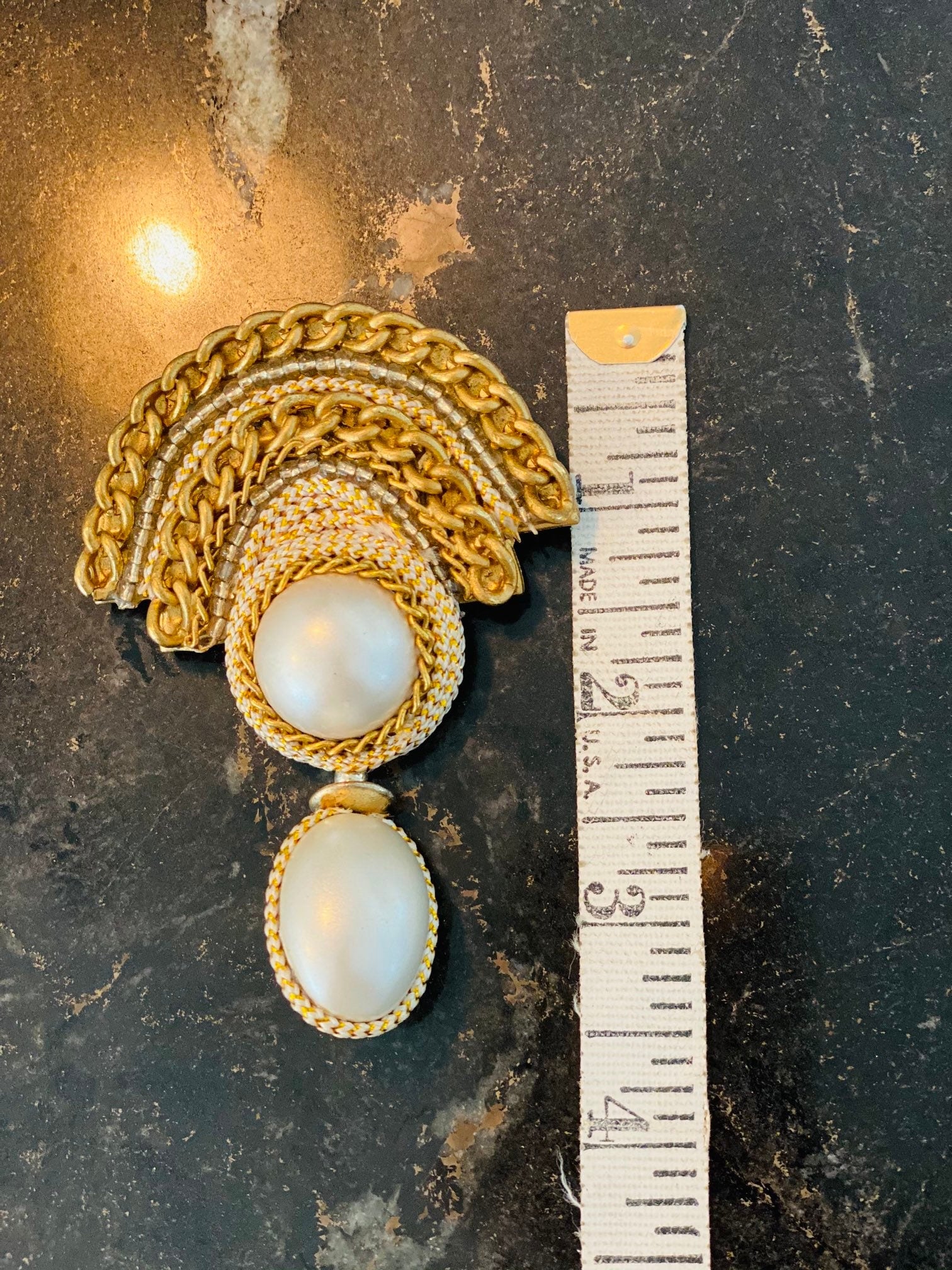 80s Oversized Glam One of a Kind Imitation Pearl Cabochon Drop Brooch