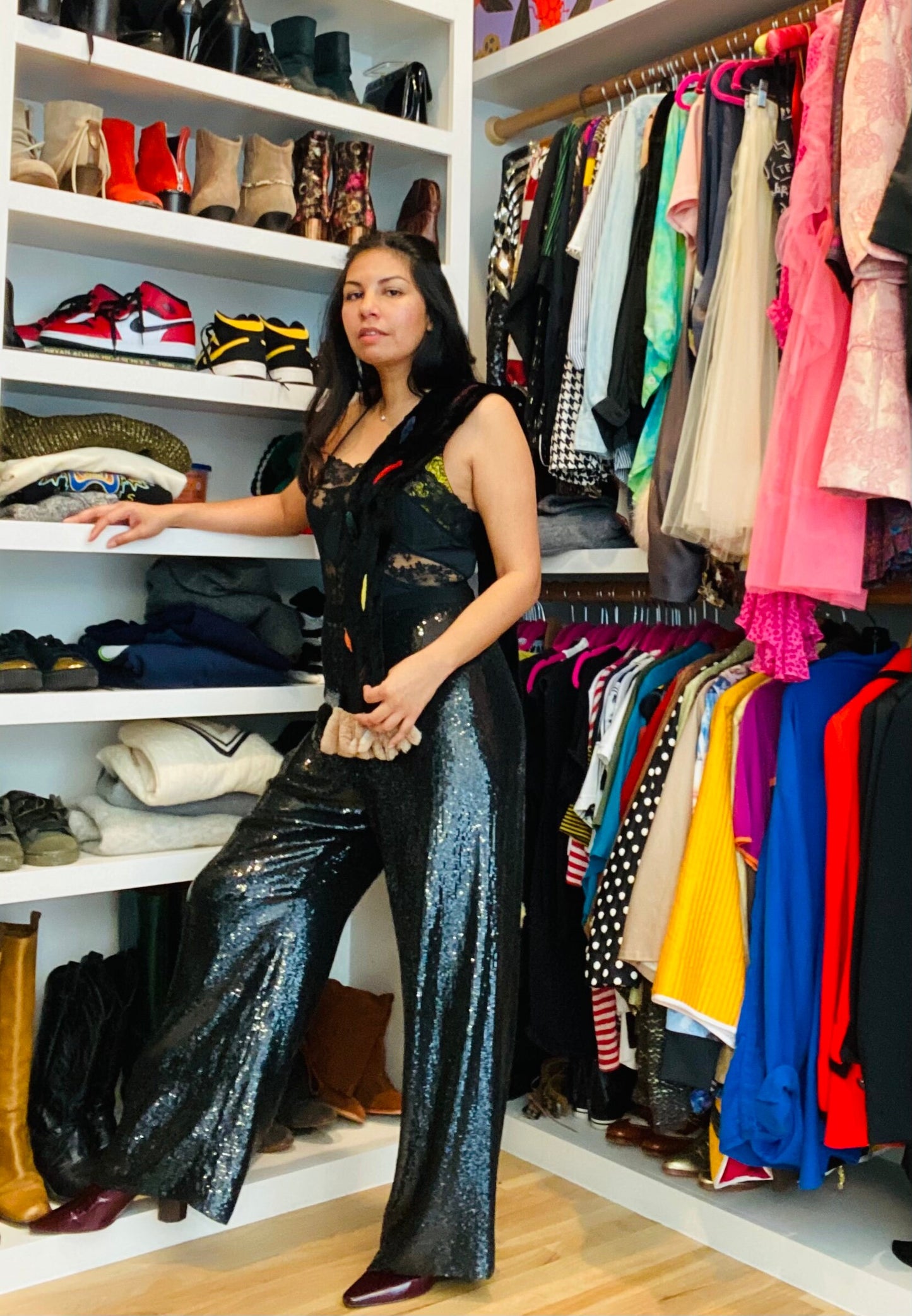 Fur Unisex Vintage Black Sheared Beaver Multi Color Abstract Stole Scarf 65" Long Zuki