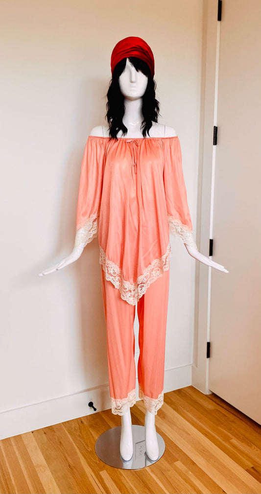 60s Boho Peachy Pink Nylon Lace Off the Shoulder Loungewear PJs