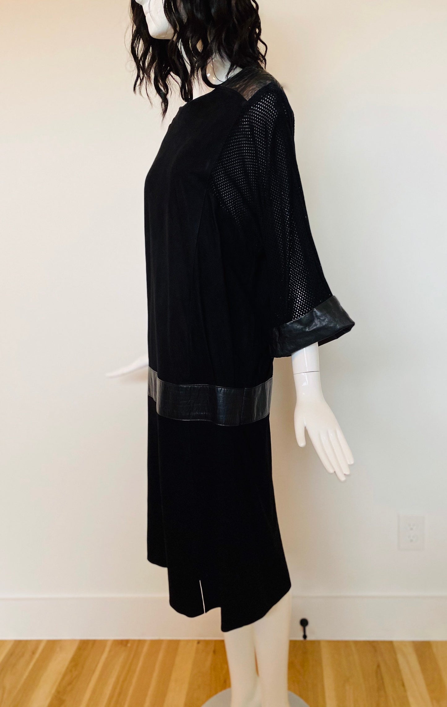 80s Punk Rock and Roll Black Leather Perforated Pleated Detail Grunge Sack Midi Calf Length Dolman Sleeves Rare Dress