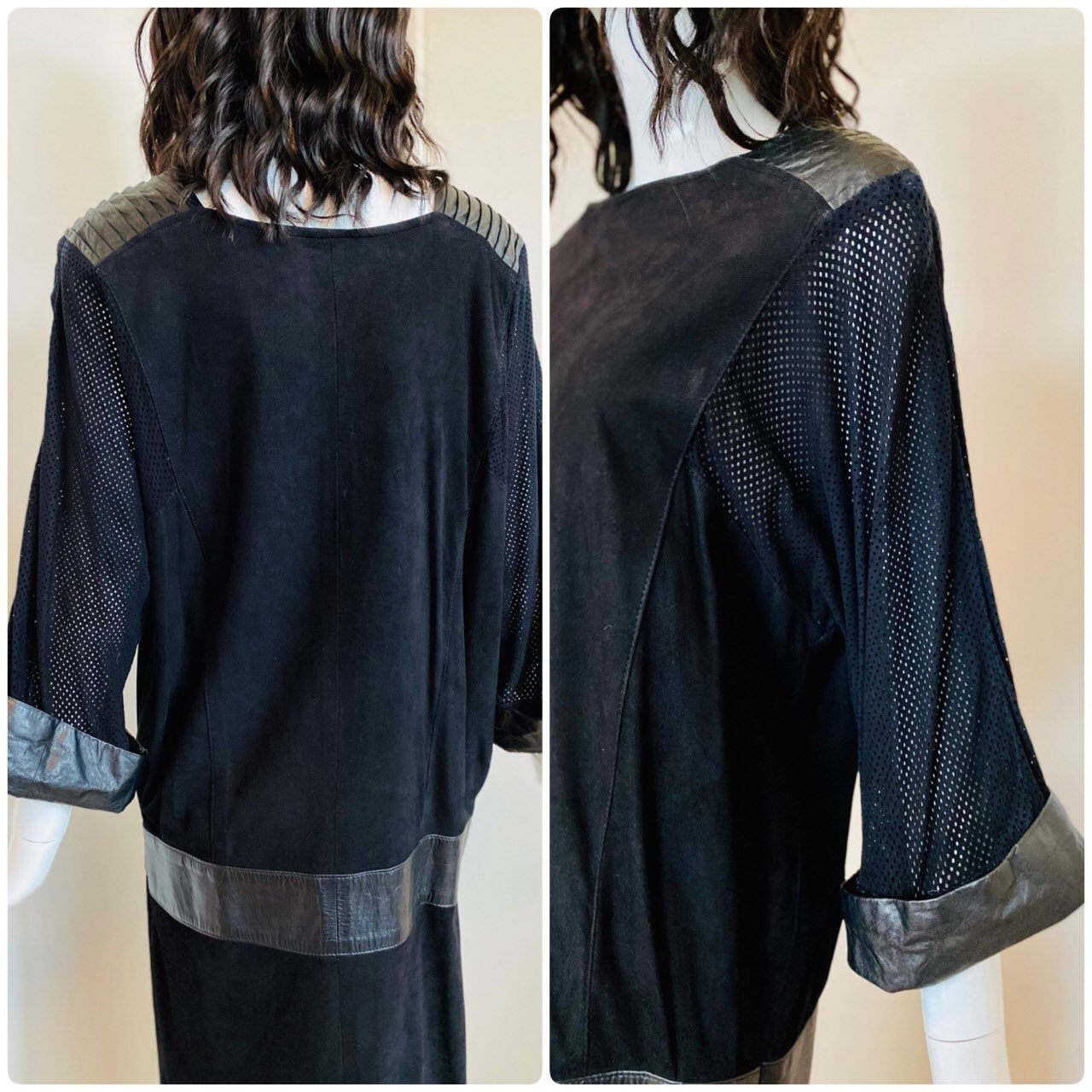 80s Punk Rock and Roll Black Leather Perforated Pleated Detail Grunge Sack Midi Calf Length Dolman Sleeves Rare Dress