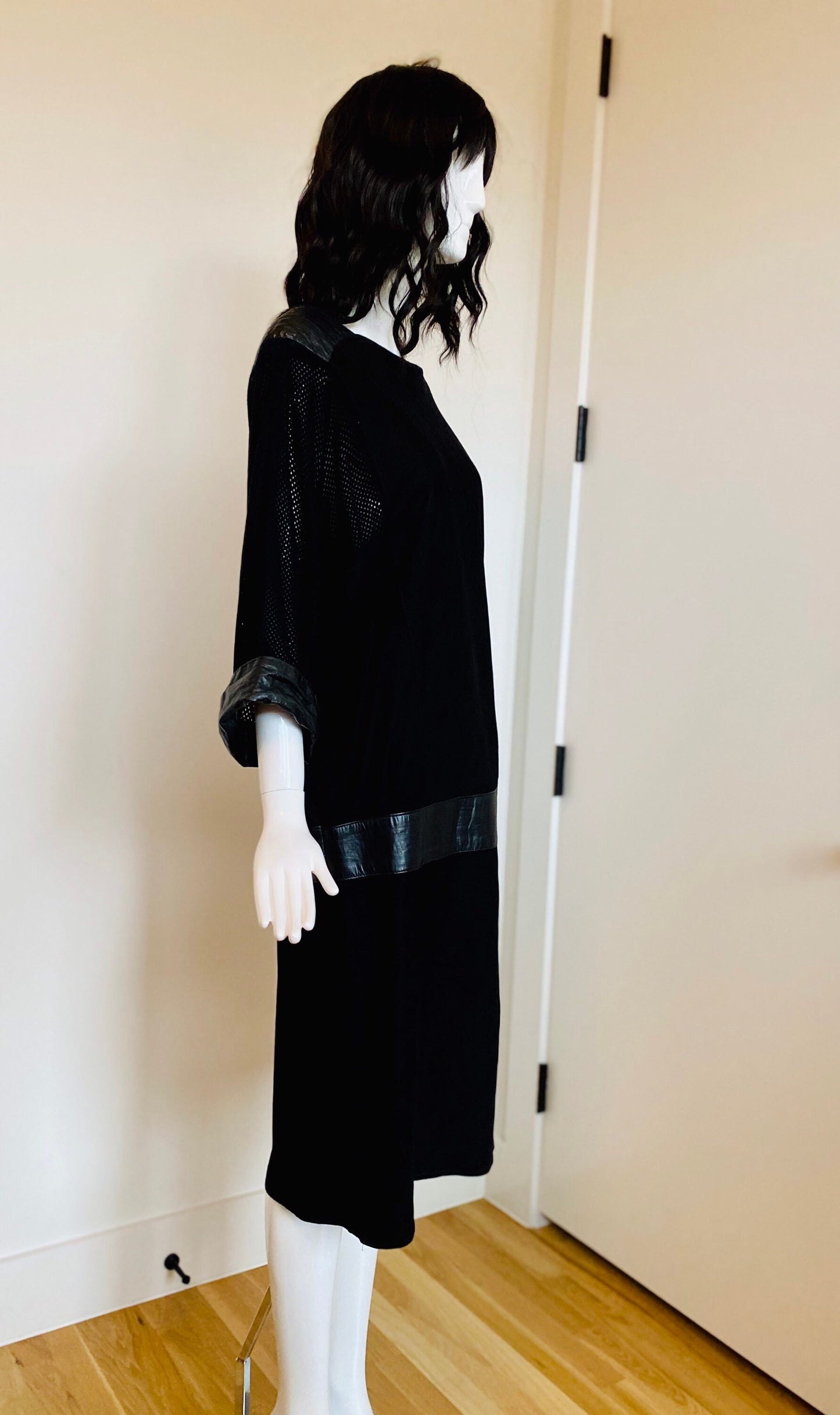 80s Punk Rock and Roll Black Leather Perforated Pleated Detail Grunge Sack Midi Calf Length Dolman Sleeves Rare Dress