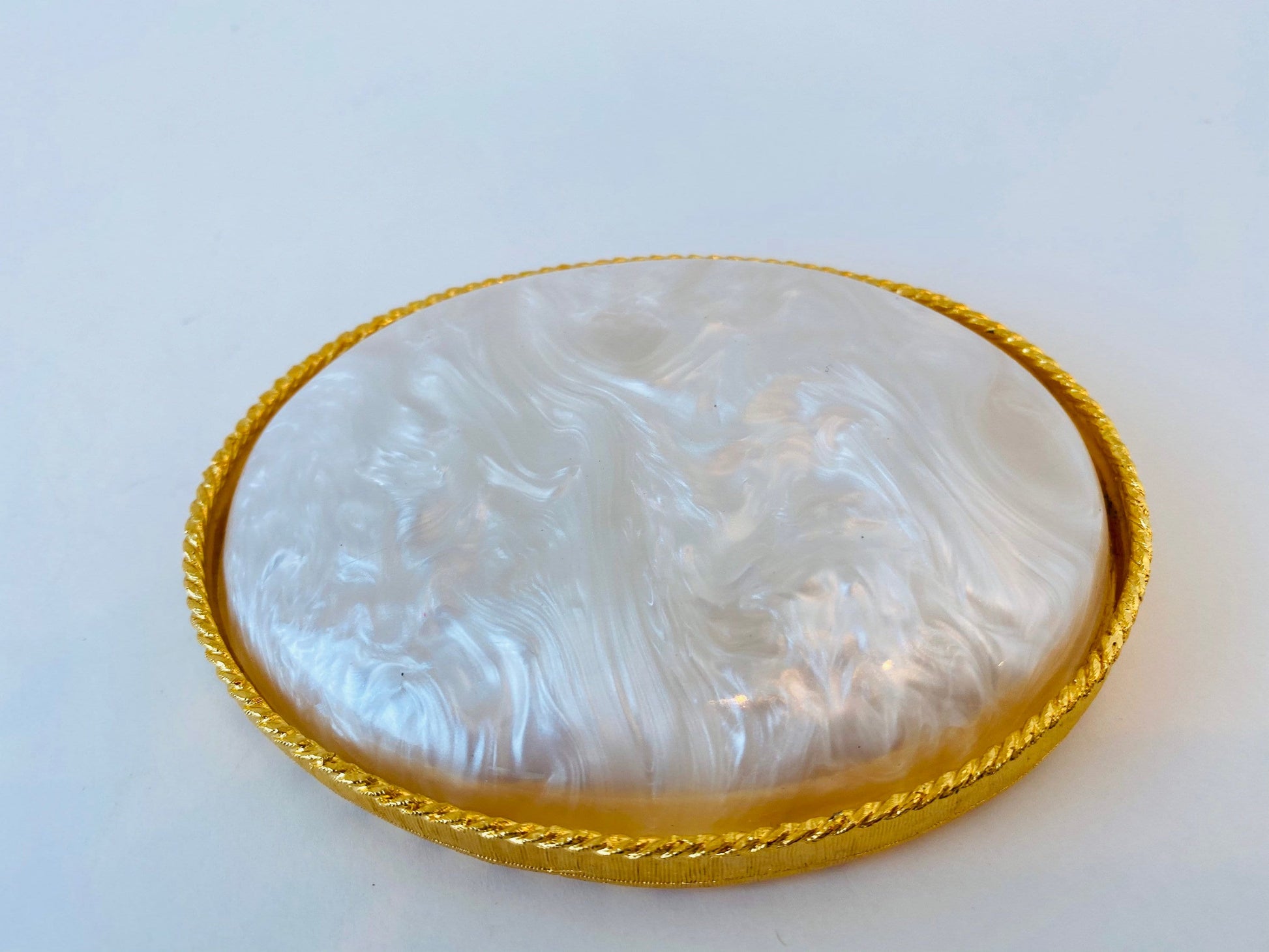 80s Rare Vintage Mother of Pearl Gold Plated Fancy Trinket Jewelry Dish